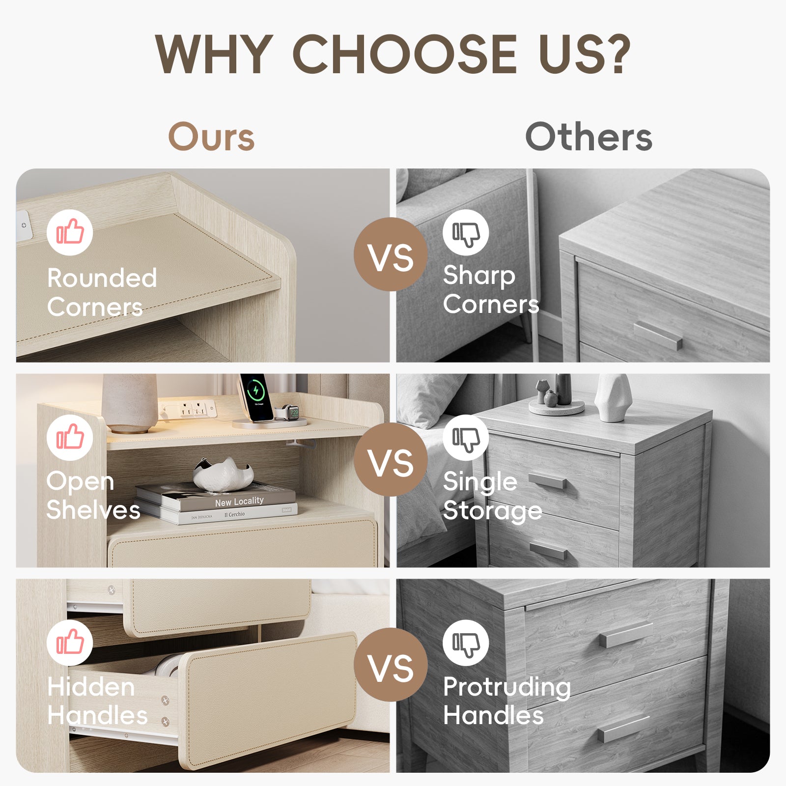 Qwatto Nightstand with Charging Station 2 Drawer Saddle Leather Bedside Table Modern Wood Side End Table Storage Cabinet Bedroom Furniture Beechwood