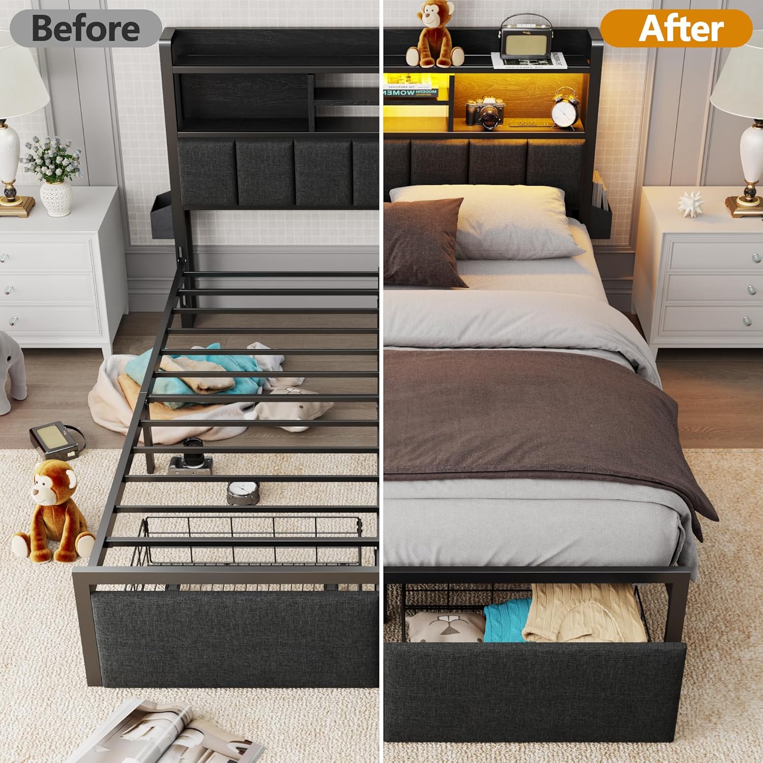 Furnulem Queen Bed Frame with Storage Drawers Upholstered Headboard with LED Light  Charging Station Metal Platform Bed Frame No Box Spring Needed