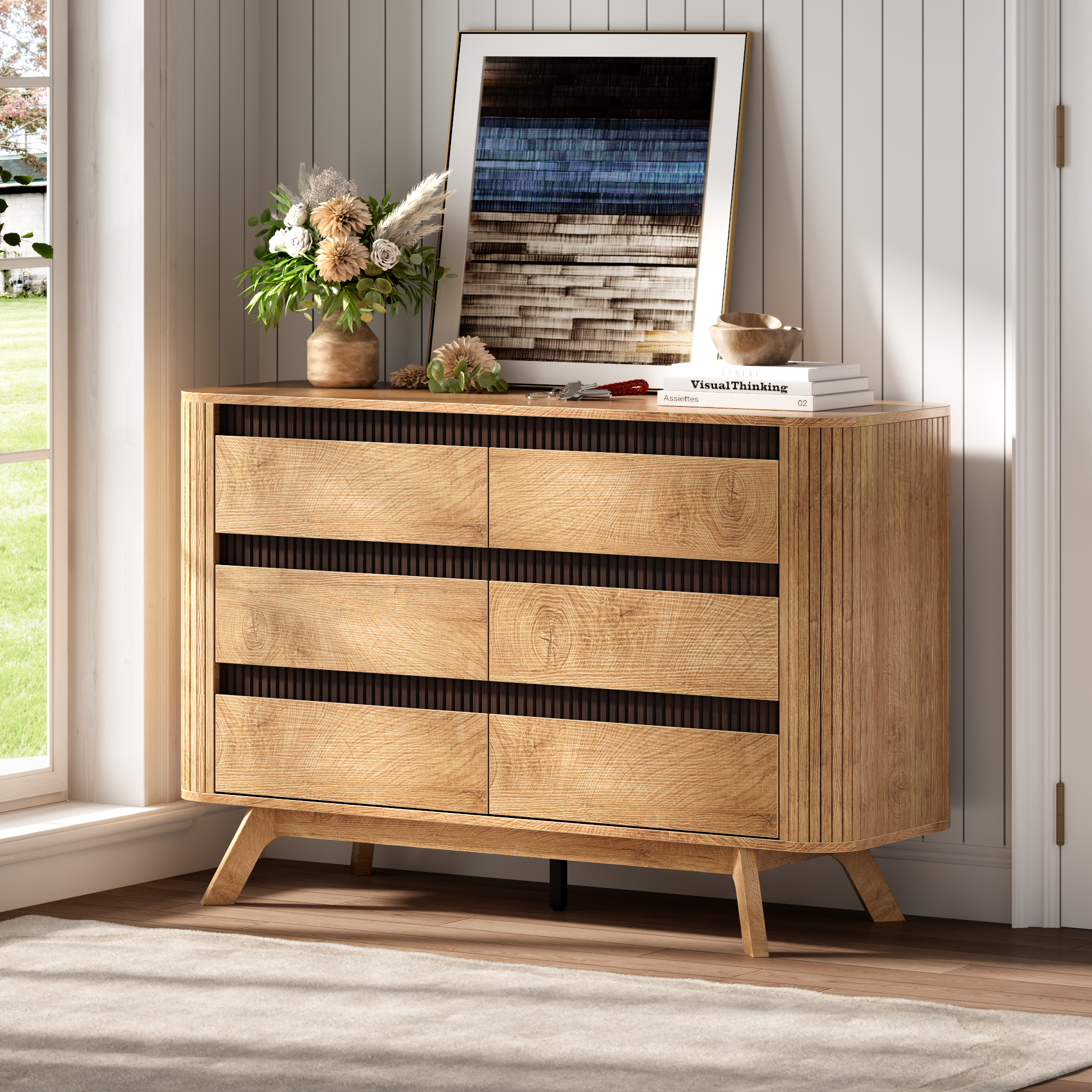 Qwatto 6 Drawer Dresser for Bedroom 47.2" Wide Fluted Chest of Drawers Modern Curved Design Clothes Storage Organizer Hallway Room Natural Oak Finish