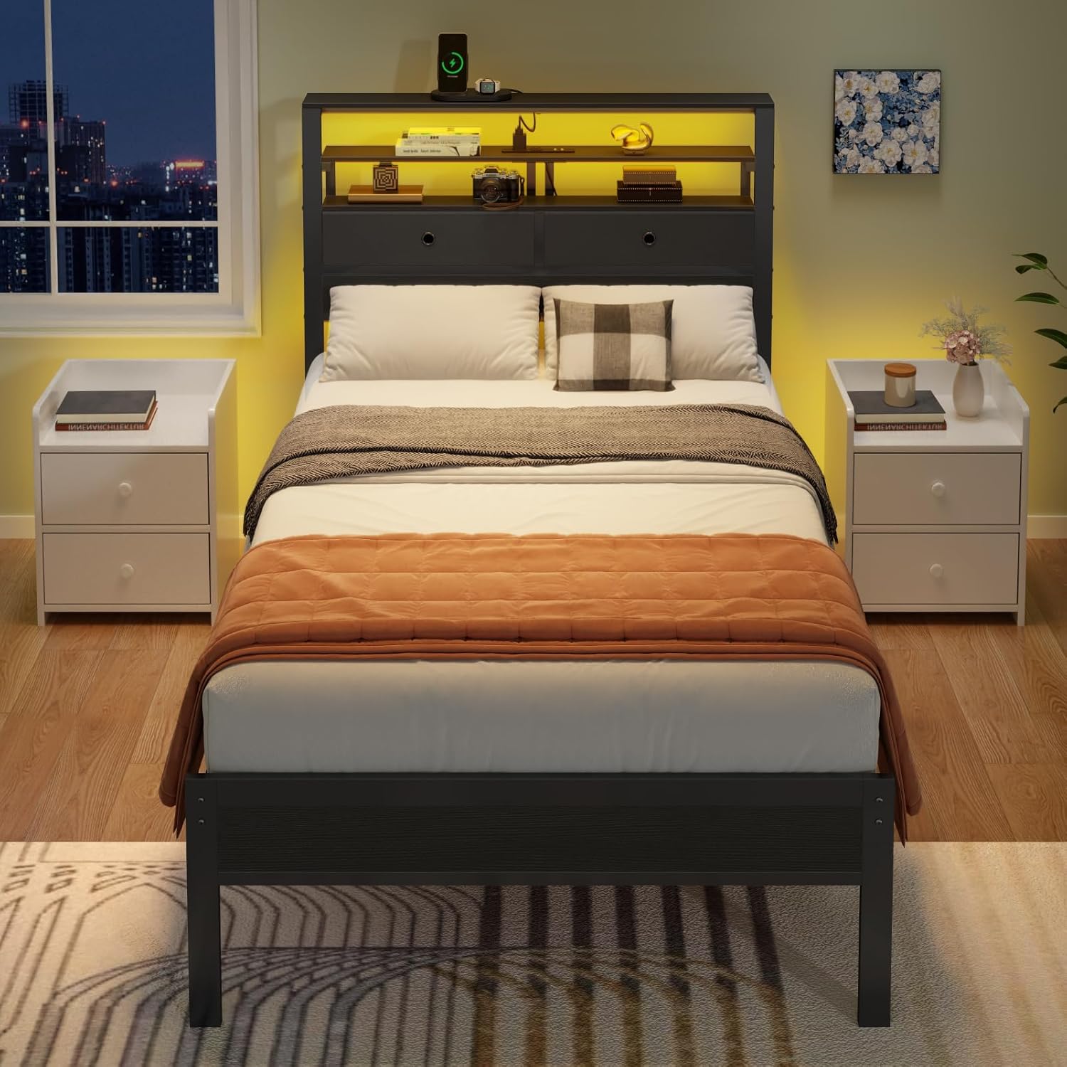 Furnulem Twin Bed Frames with Charging Station and LED Lights Wood Headboard with 2 Fabric Drawers and Storage Shelves Platform Bed with Metal Slats