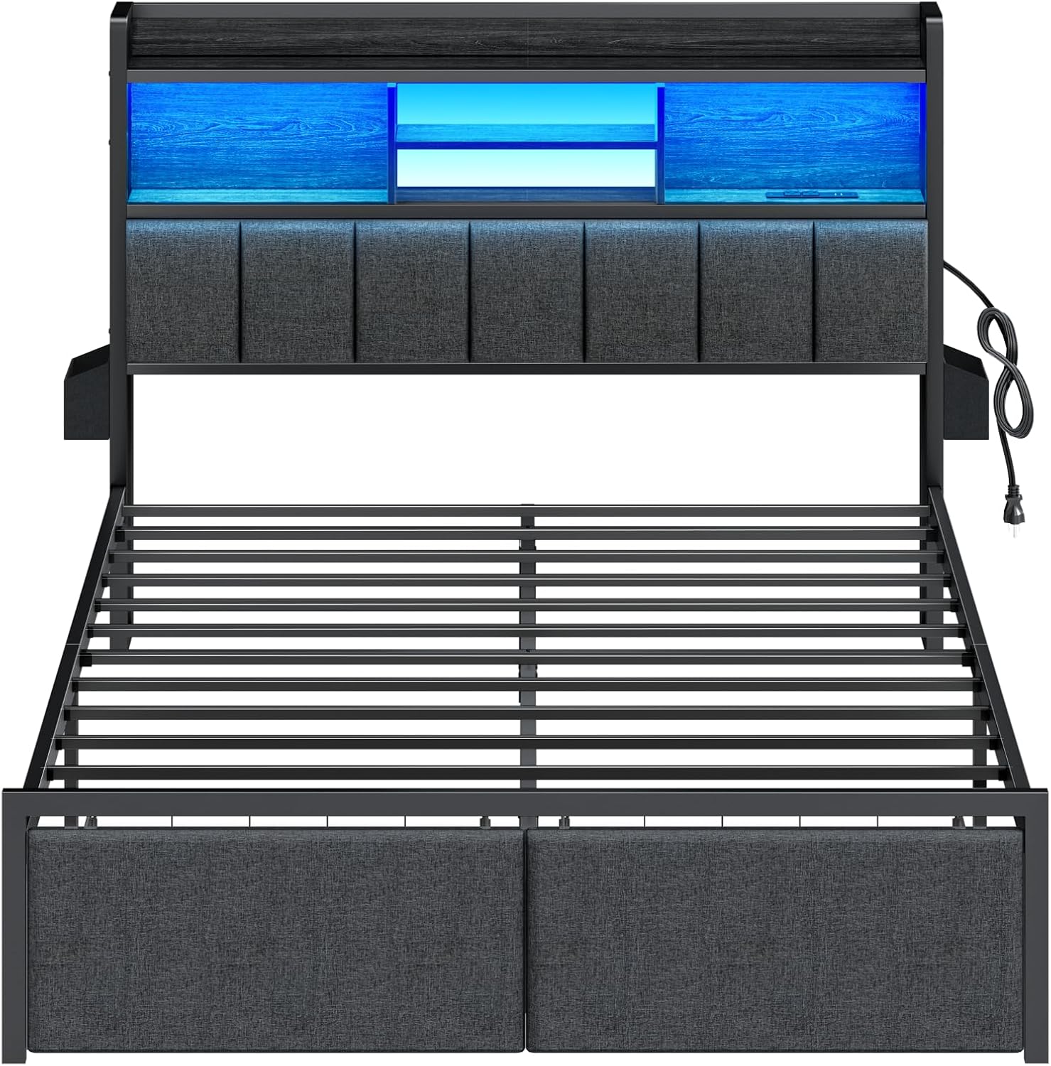 Furnulem Full  Bed Frame with Storage Drawers  Upholstered Headboard with Storage Shelf  LED Lights and Charging Station  Metal Platform Bed Frame