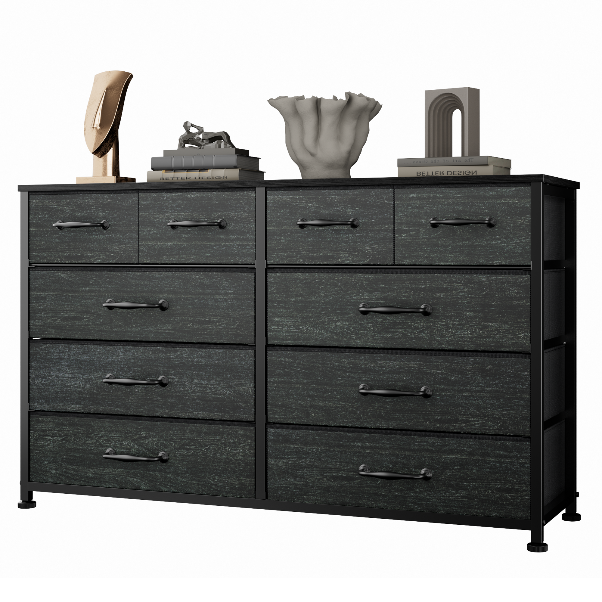 Black 10 Drawer Dresser TV Stand for 50 Inch TV Wide Fabric Storage Chest Media Console Entertainment Center Bedroom Living Room Organizer