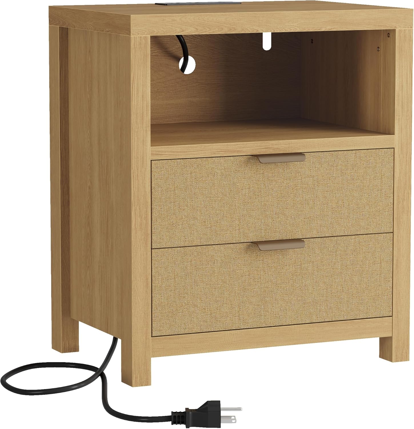 Furnulem Rattan Nightstand with Charging Station – 2-Drawer Boho Bedside Table