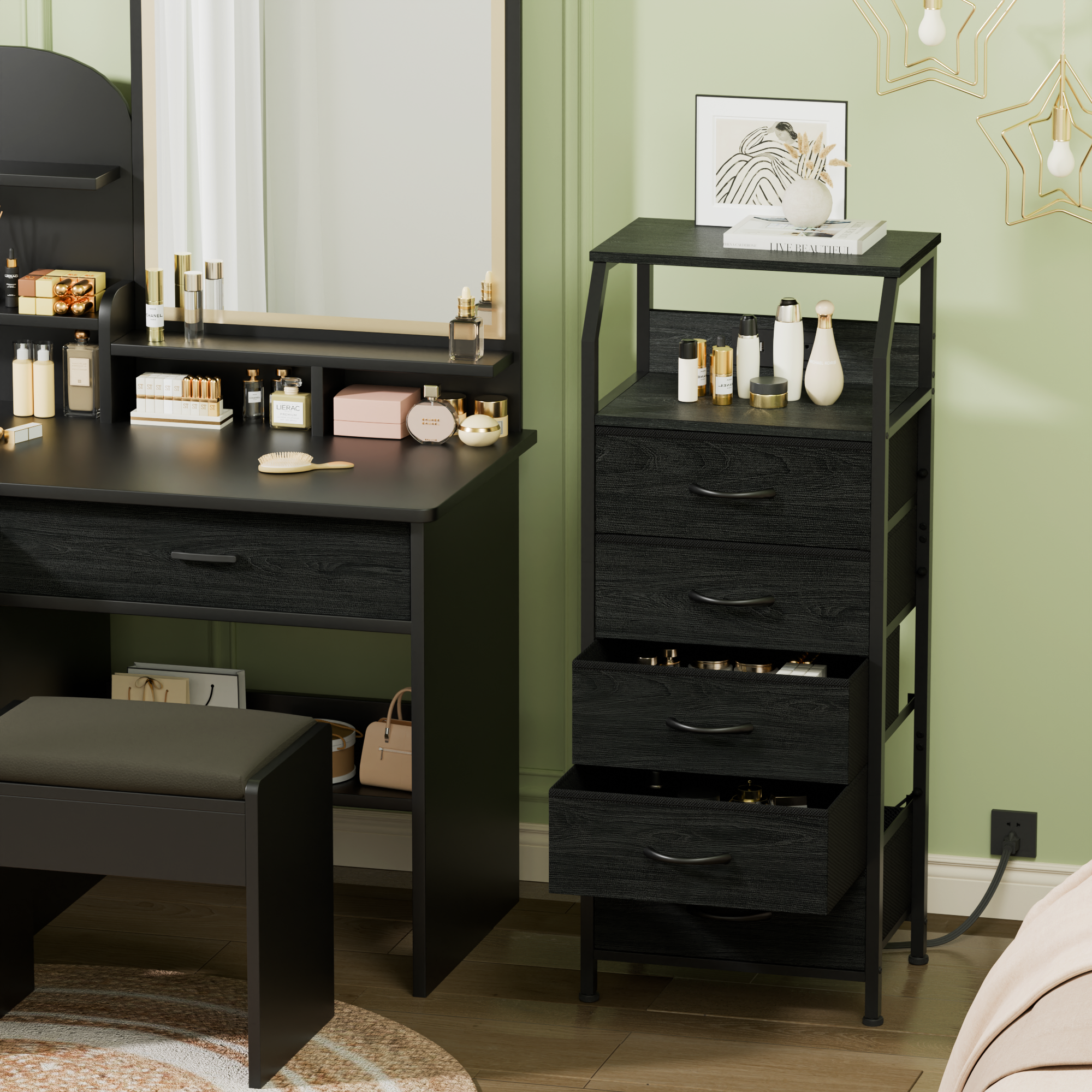 Furnulem Nightstand with Charging Station and Multi Fabric Drawers