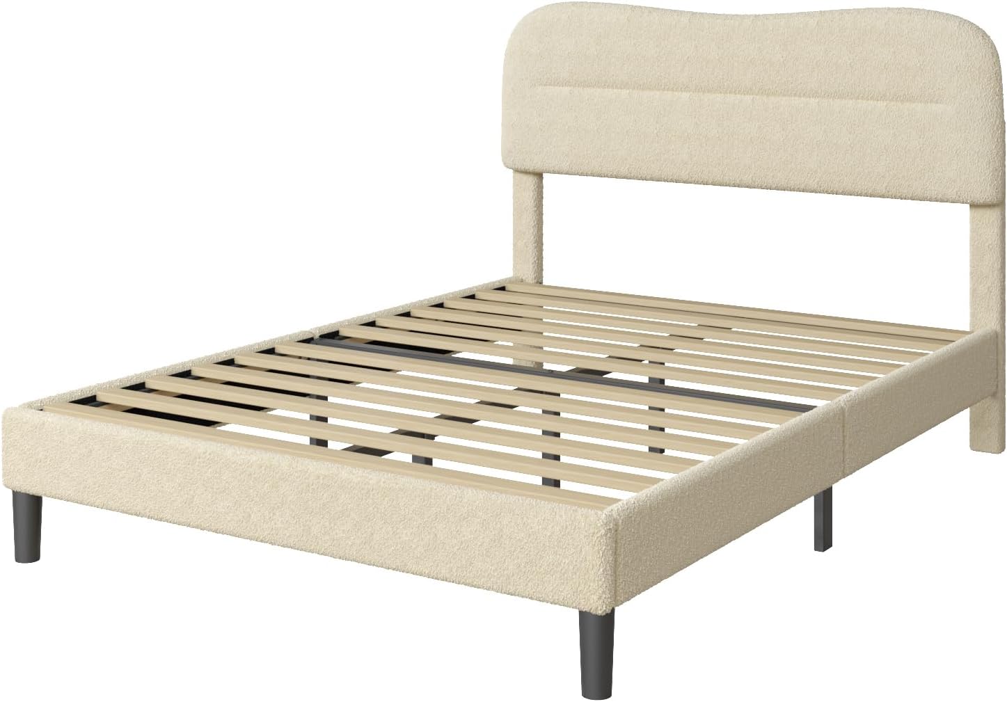 Full Size Bed Frames with Headboard Upholstered Bed Frame Teddy Soft Boucle Fabric bedframes Soft Cloud Marshmallow Shape Upholstered Headboard