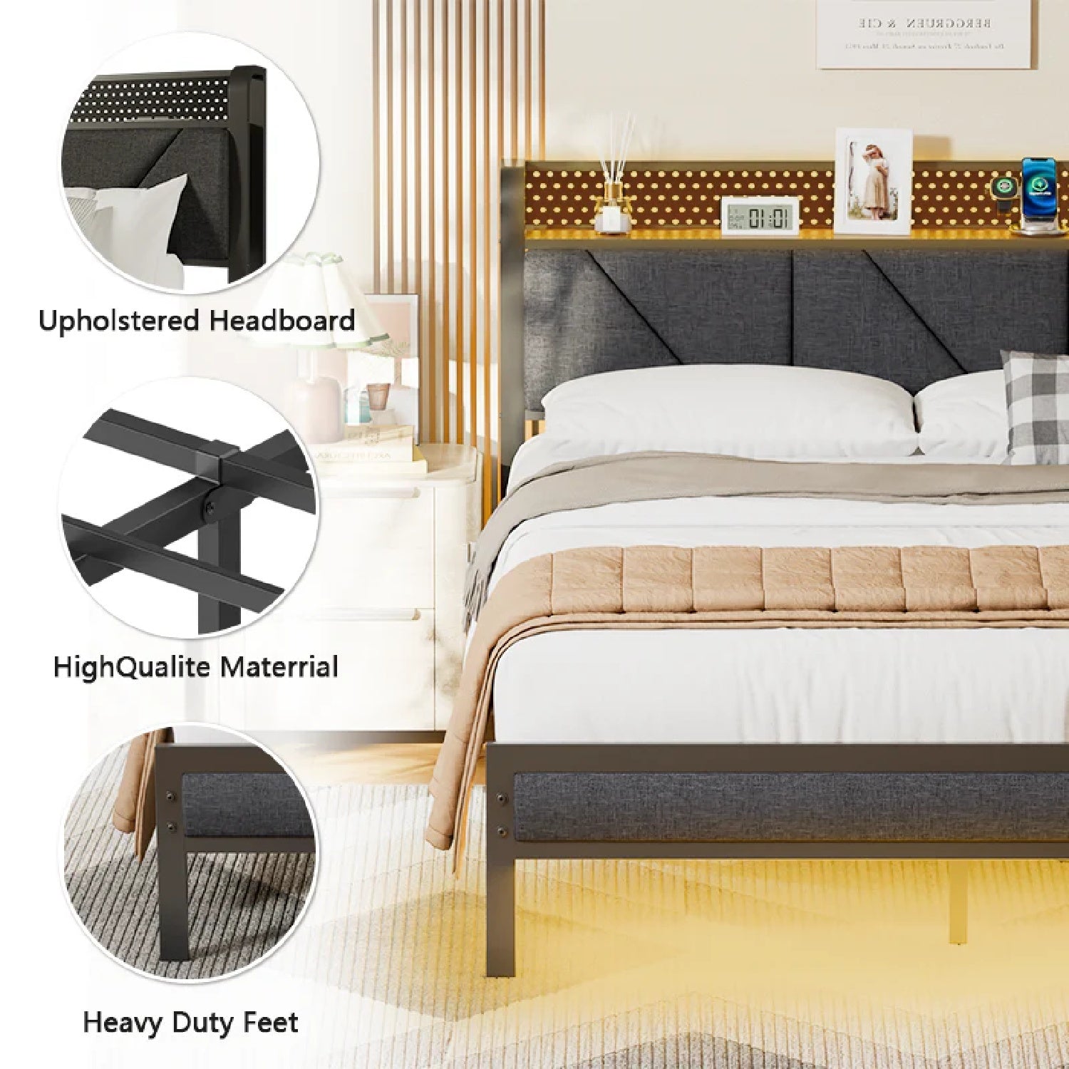 Furnulem LED Bed Frame with Upholstered Headboard and Charging Station