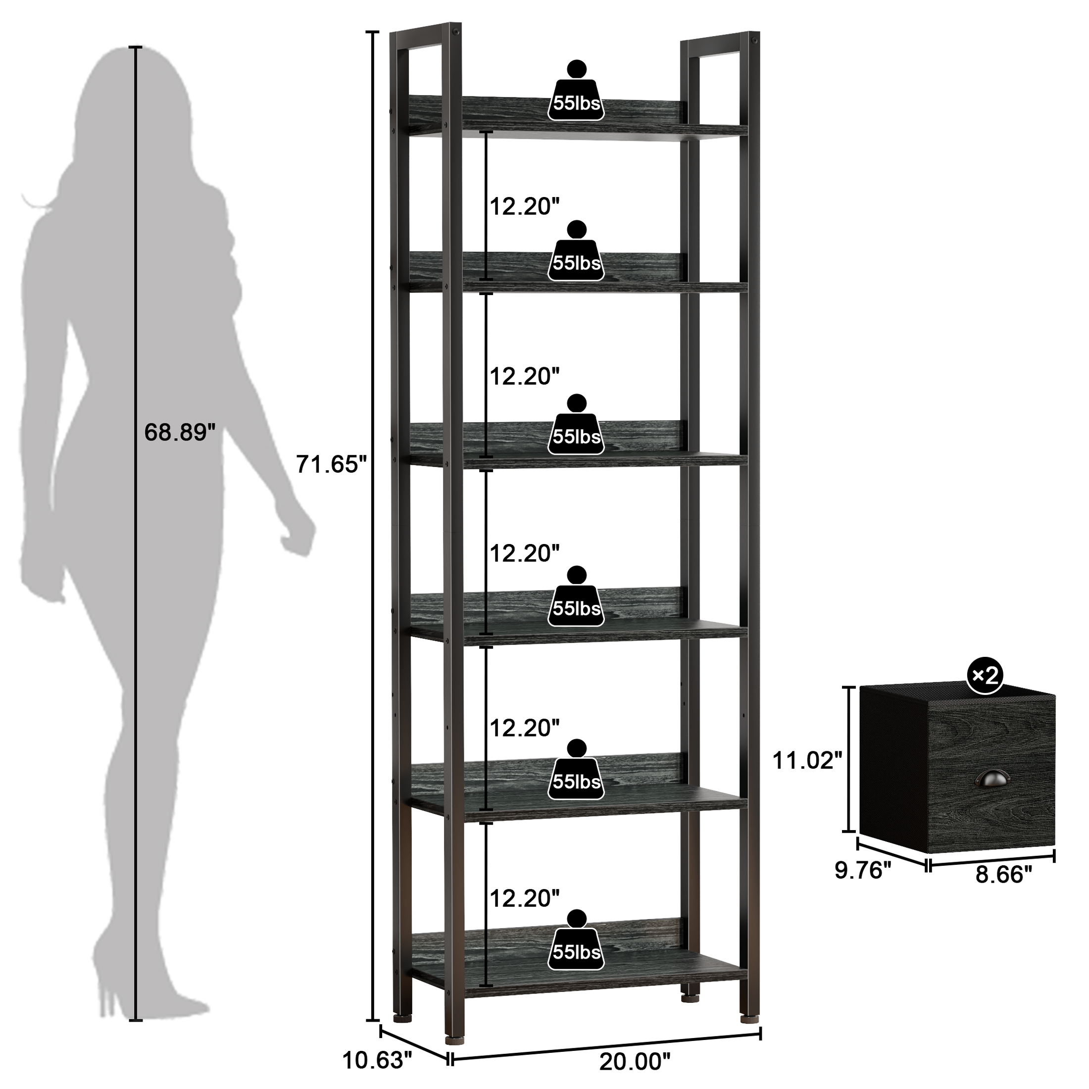 6 Tier Industrial Tall Bookcase with Two Storage Drawers Wood Metal Freestanding Bookshelf Display Organizer Shelf for Home Office Bedroom Black Oak