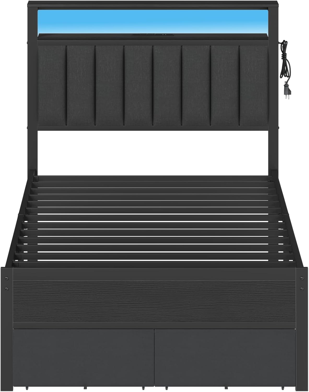 Twin Bed Frames  Grey Upholstered Headboard with Shelves Metal Platform Bed with 2 Under-Bed Storage (Fabric Drawer on Wheels) No Box Spring Needed