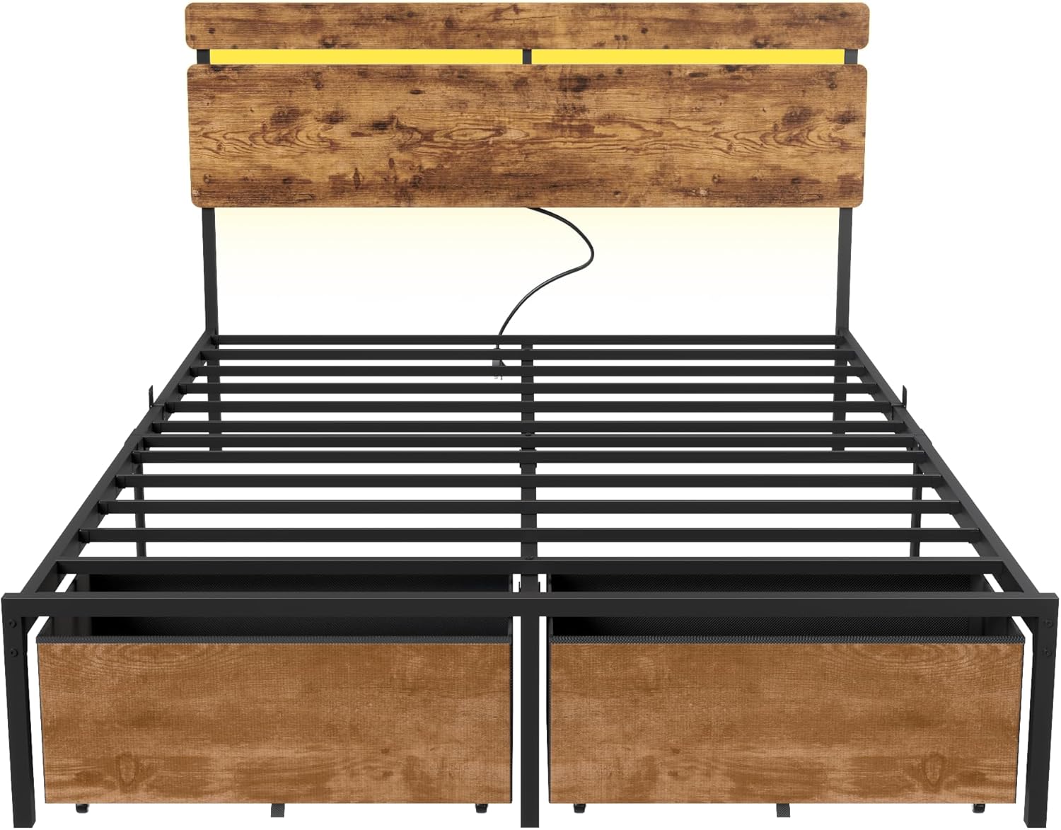 Queen Bed Frame with Wood Headboard Metal Platform Bed with 2 Storage Drawers Shelf Built-in Charging Station  LED Lights No Box Spring Needed