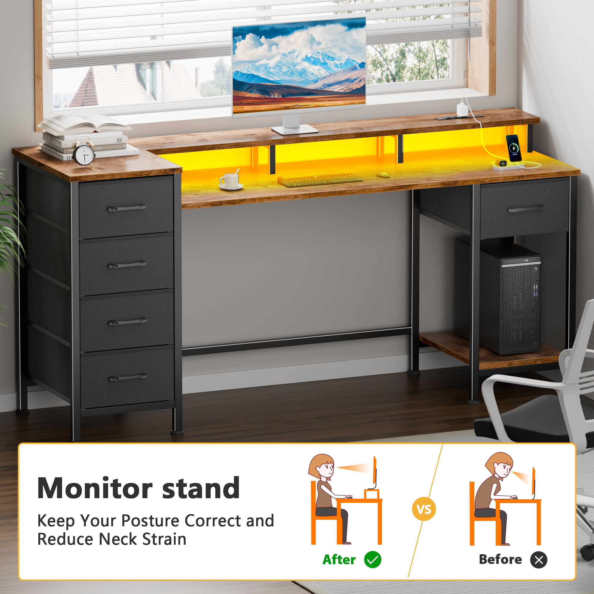 Qwatto 55 Inch  Computer Desk with Charging Station Reversible Gaming Desk LED Lights Fabric Drawers Home Office Writing Table Bedroom Study Storage
