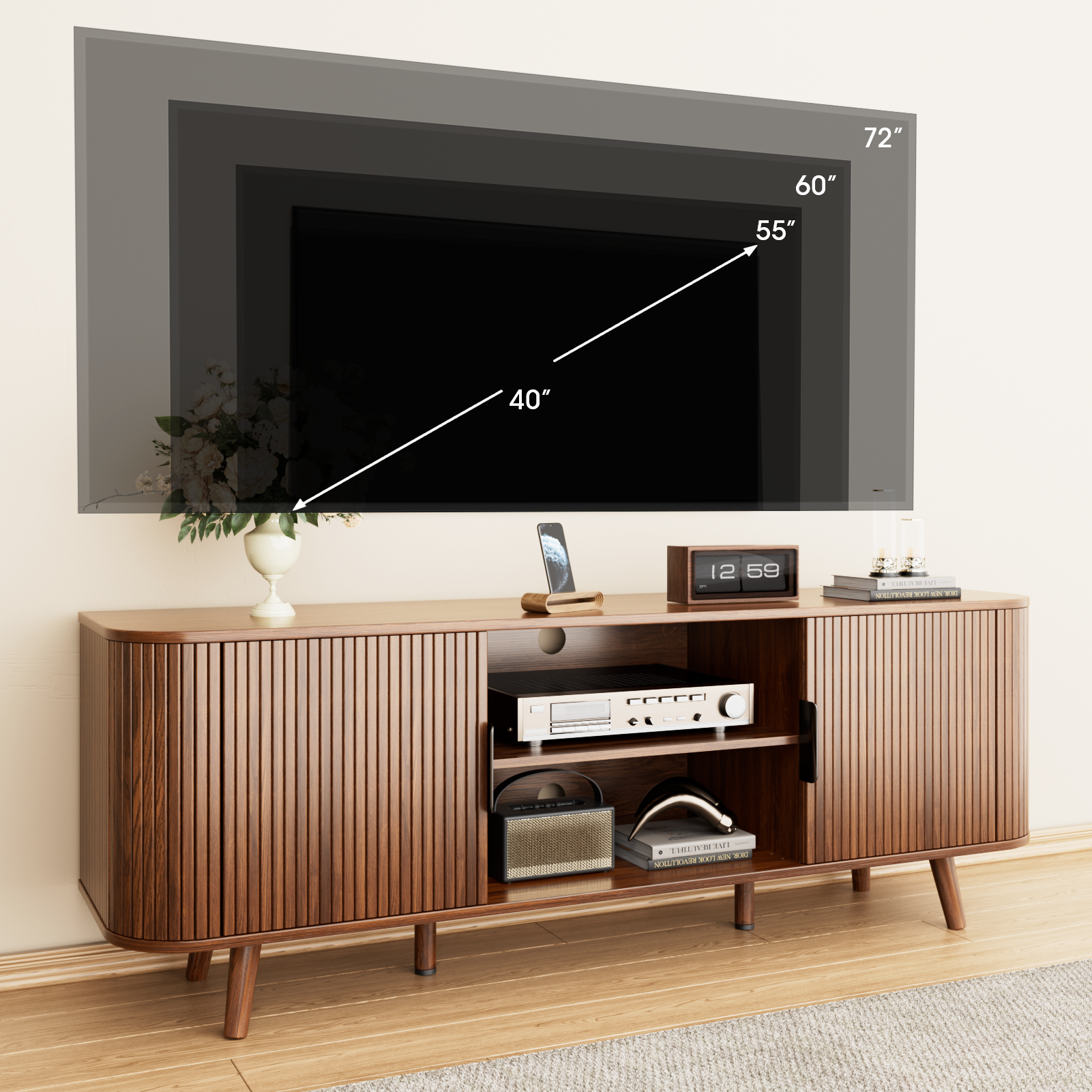 Mid Century Modern TV Stand Walnut Media Console for TVs up to 65 Inch Fluted Sliding Doors Entertainment Center Living Room Furniture Storage