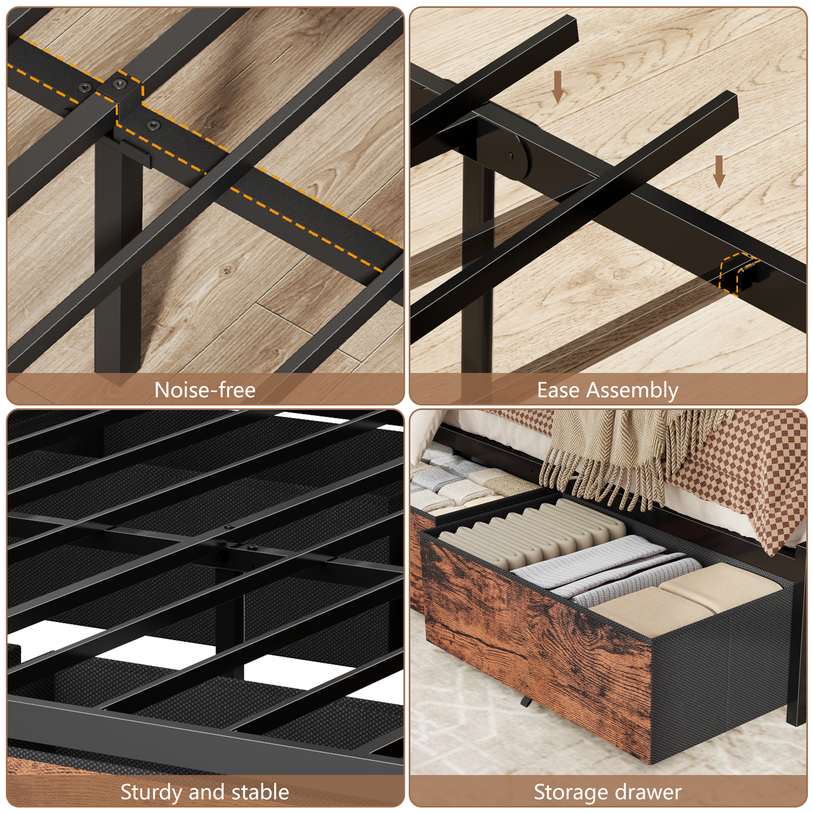 Full Size Platform Bed Frame with 6 Storage Drawers 2 Tier Headboard Shelf LED Lights Charging Station Metal No Box Spring Needed Teen