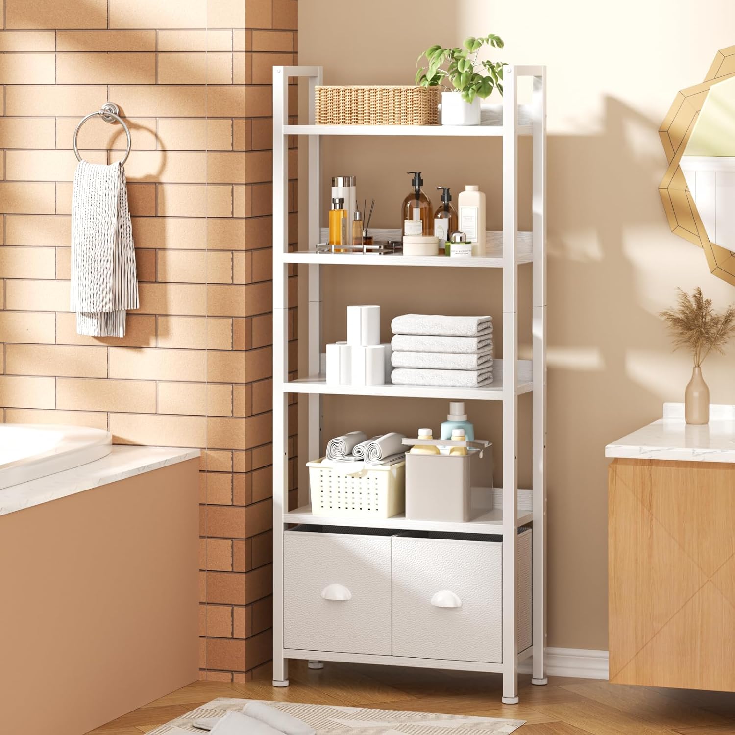 Qwatto 5 Tier Bookshelf with Drawers White Tall Wood and Metal Bookcases Modern Industrial Storage Organizers Display Shelving Unit Office Furniture