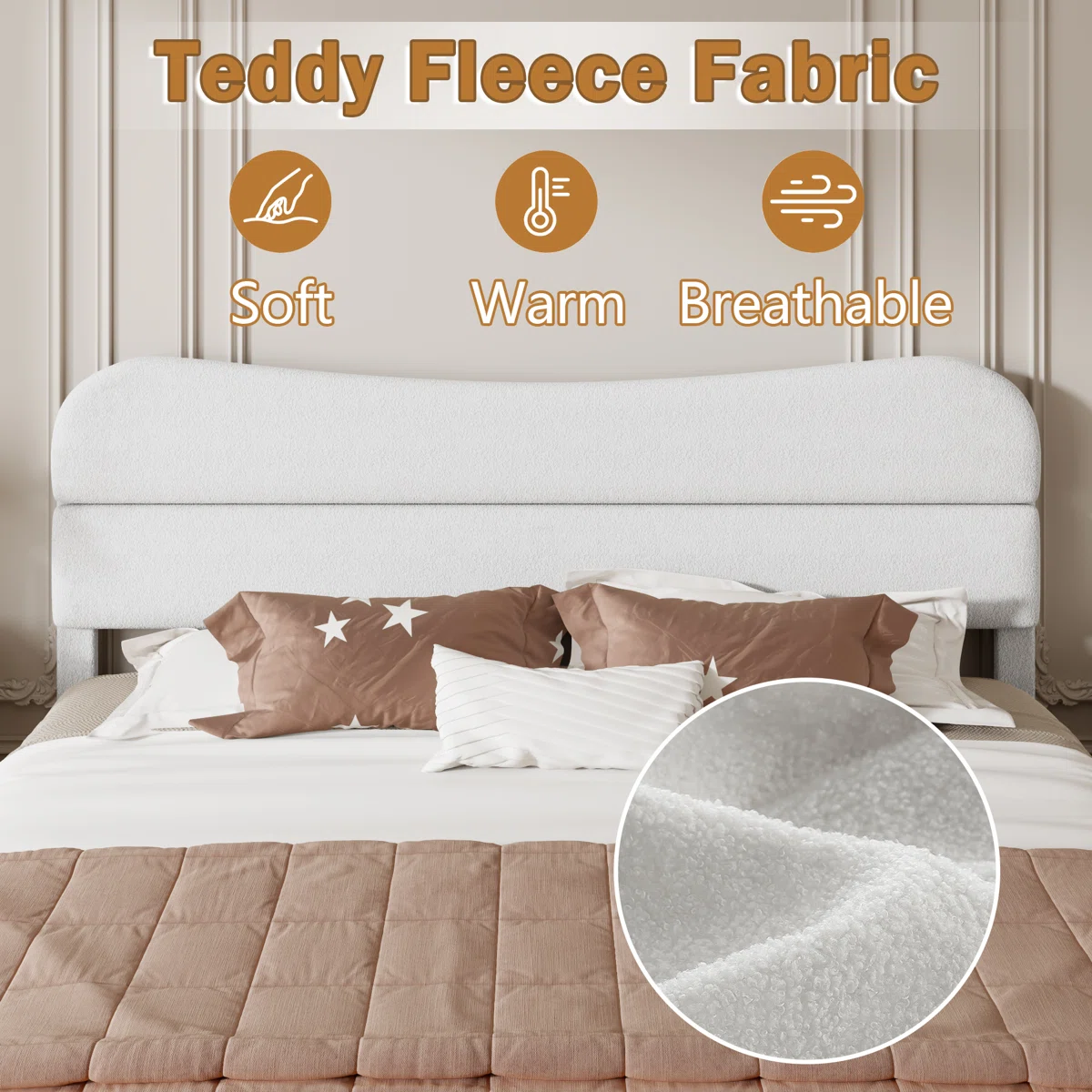 King Size Bed Frame With Teddy Velvet Soft Curved Headboard Platform Bed With Wooden Slats Support Easy Assembly Noise-free