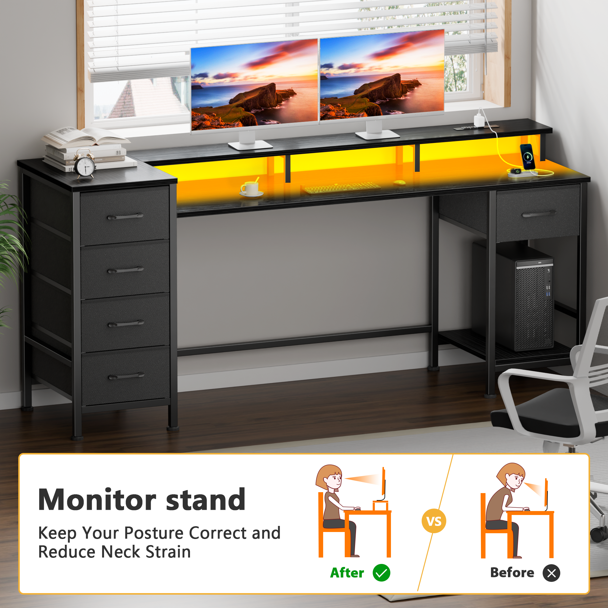 61 Inch Black Computer Desk with Charging Station Gaming Desk LED Lights Reversible 5 Fabric Drawers Home Office Writing Table Study Storage
