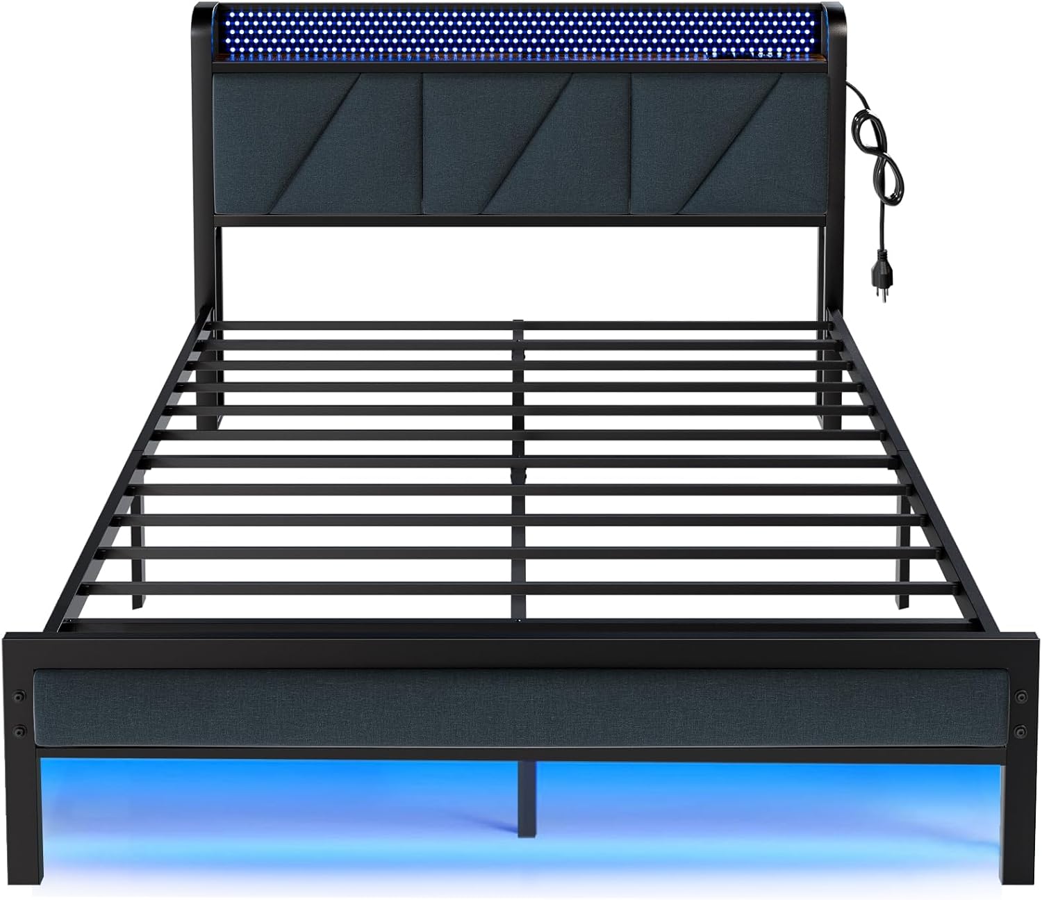 Furnulem Queen Size Bed Frame with Headboard and LED Lights, Upholstered Bedframe with Charging Station and USB Port  No Box Spring Needed