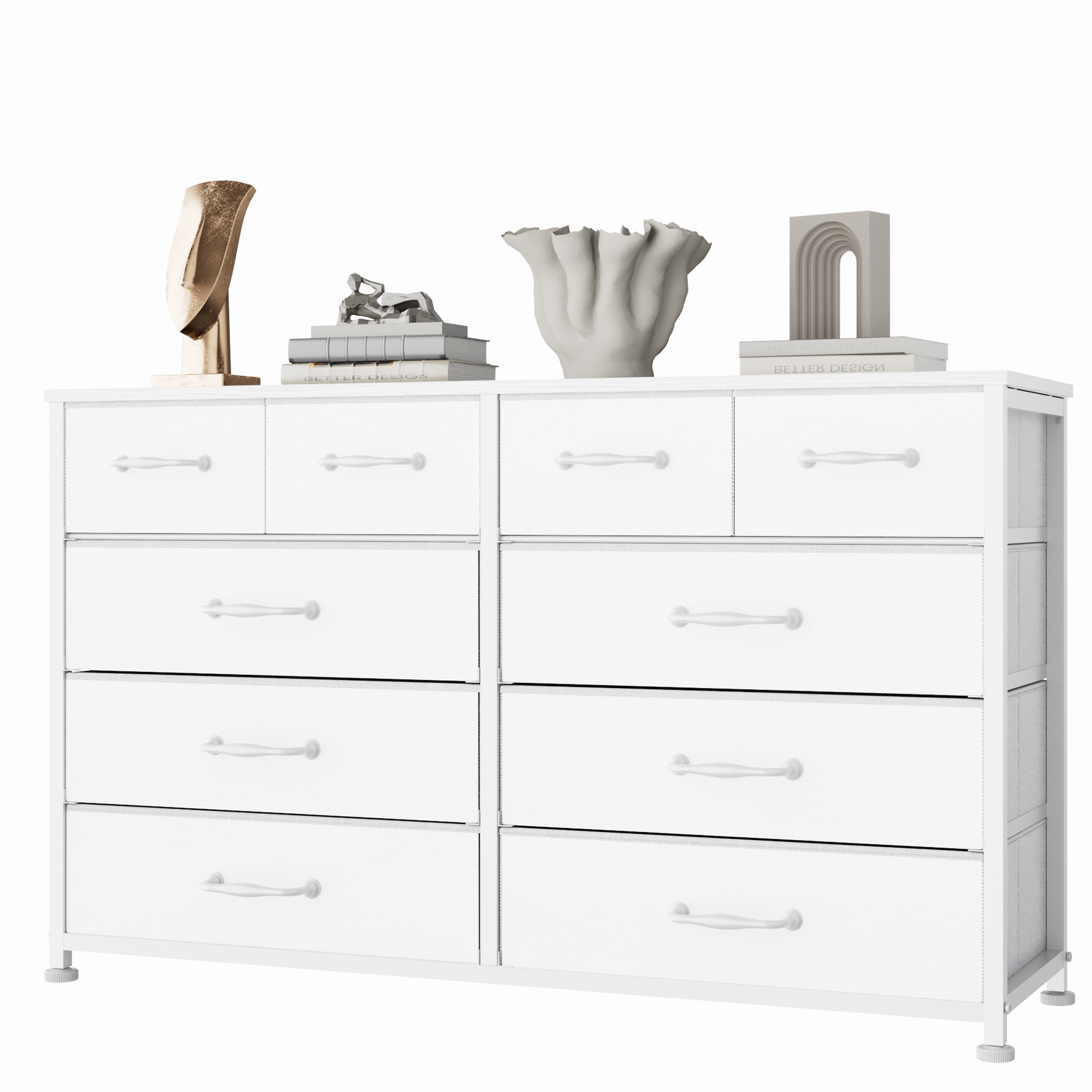 Dresser for Bedroom with 10 Fabric Dresser TV Stand for 40-45-50 inch Tv Dressers Chest of Drawers for Living Room Hallway Entryway Metal Frame White