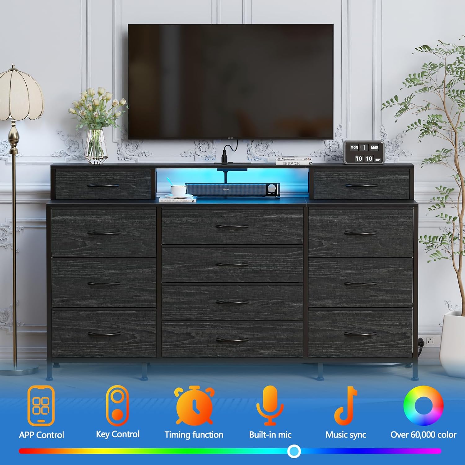 Furnulem 63" Dresser with LED, Outlets & 12 Drawers – Fabric Chest for Bedroom & Closet