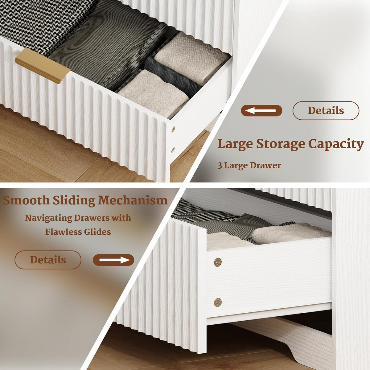 27-in Wide Fluted Night Stand 3 Drawers Large End Table with Storage White Nightstand Wood Bedside Tables Farmhouse Cabinet Dresser for Bedroom Closet