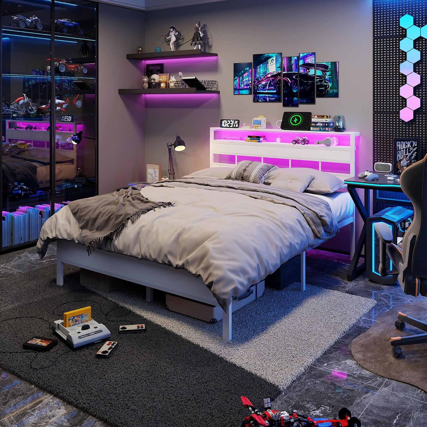 Queen Bed Frame with Storage Headboard and LED Lights Metal Bedframe with Charging Station and USB Port Platform Bed with Heavy Duty Slats White