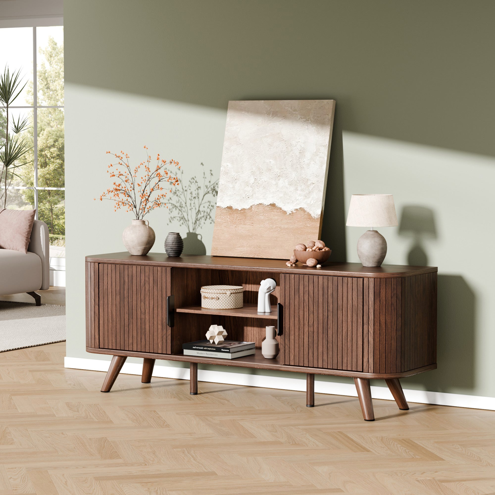 Walnut Entertainment Center for TVs up to 65 Inch Mid Century TV Console with Slatted Doors Large Storage Shelves Modern Wood Media Stand