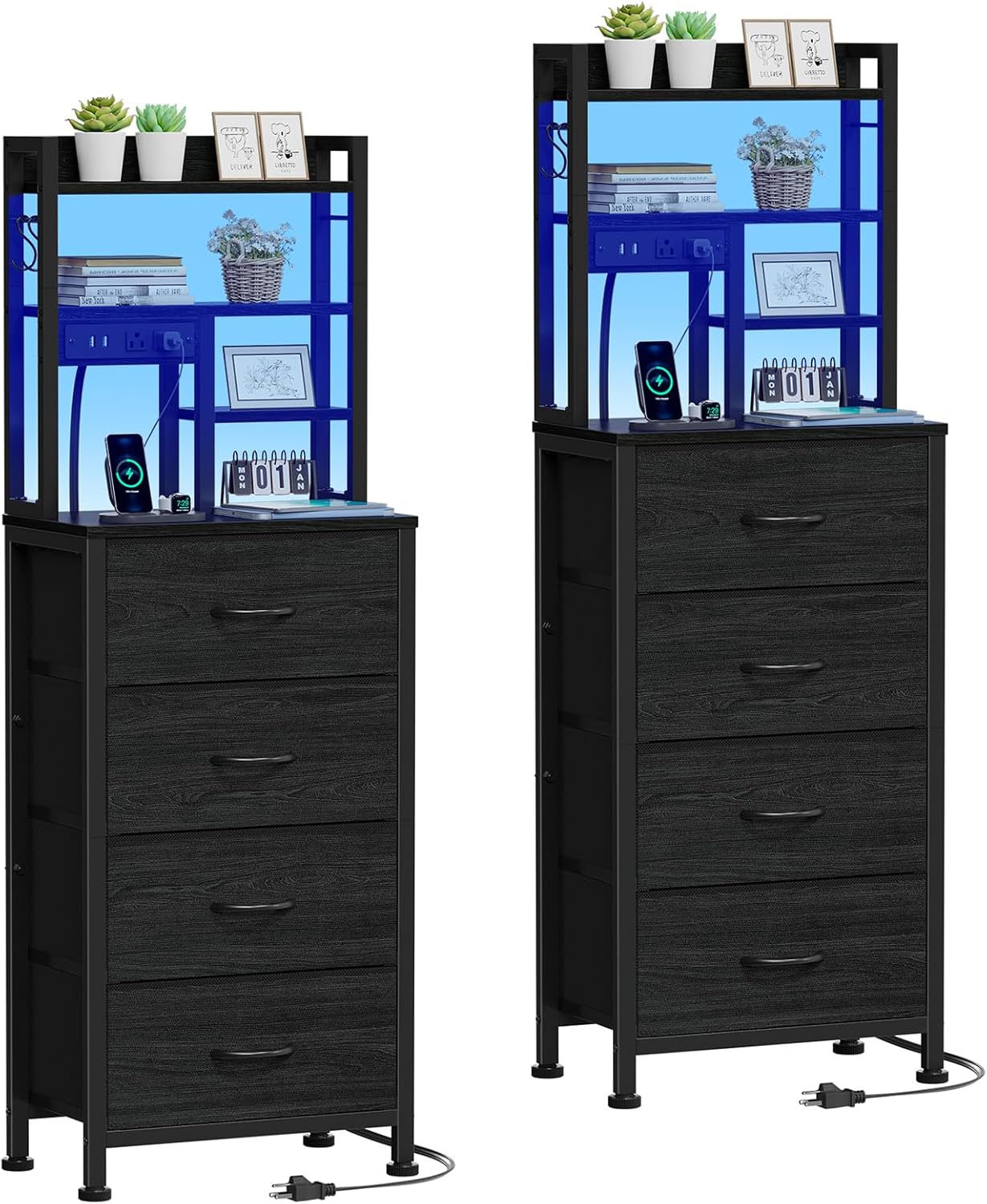 Furnulem Nightstands Set of 2, Tall Night Stand with Charger Station and USB Ports, 4 Fabric Drawers and Led Lights, Bed Side Table for Bedroom/Dorm/Office, Black Oak