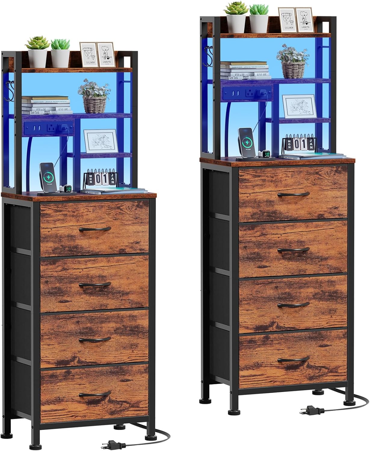 Furnulem Night Stand Set 2, LED Nightstand with Charging Station, 4 Fabric Drawers and 4 Tier Storage Shelf, Bedside End Table for Bedroom, Dorm, Office, Rustic Brown