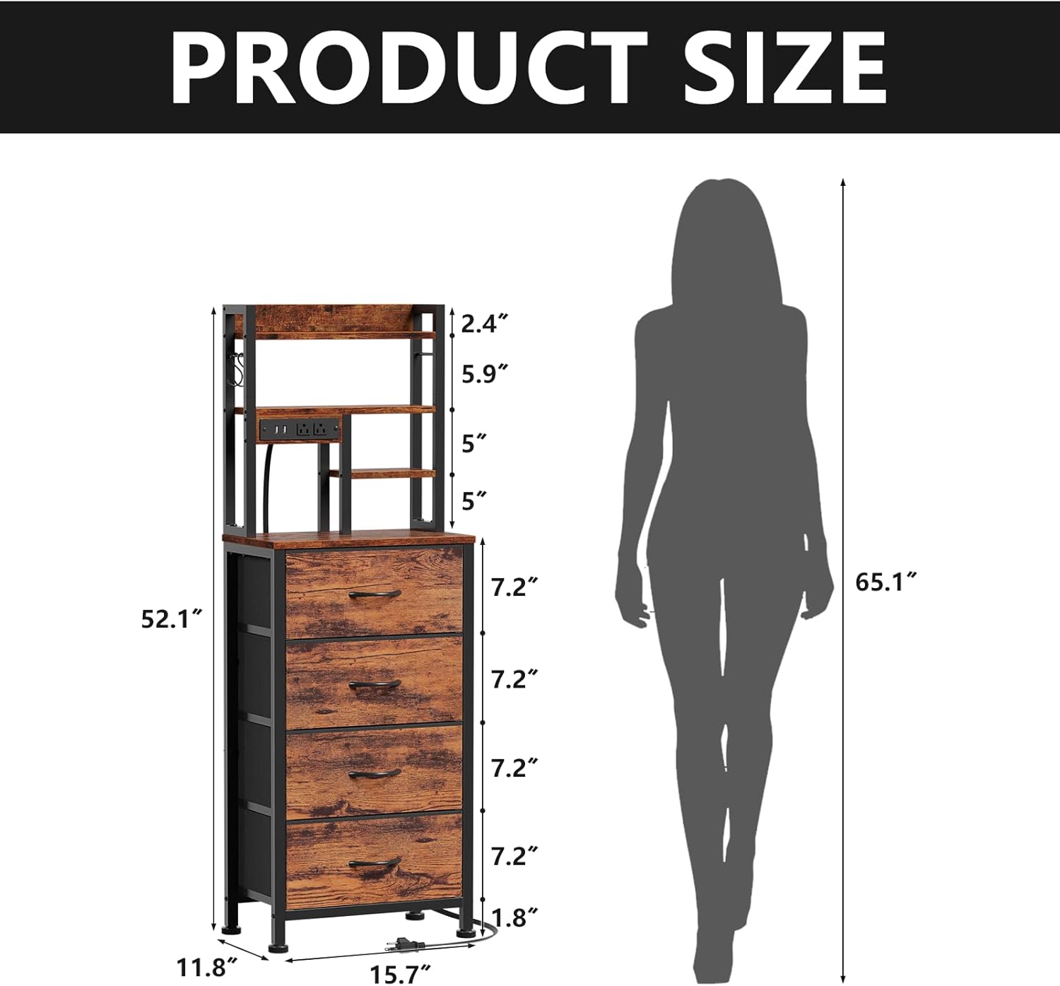 Furnulem Night Stand Set 2, LED Nightstand with Charging Station, 4 Fabric Drawers and 4 Tier Storage Shelf, Bedside End Table for Bedroom, Dorm, Office, Rustic Brown