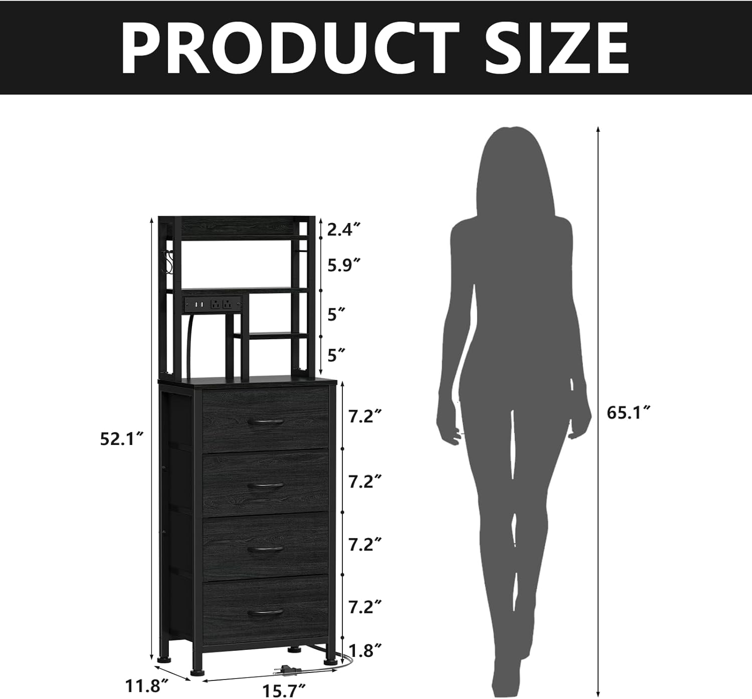 Furnulem Nightstands Set of 2, Tall Night Stand with Charger Station and USB Ports, 4 Fabric Drawers and Led Lights, Bed Side Table for Bedroom/Dorm/Office, Black Oak