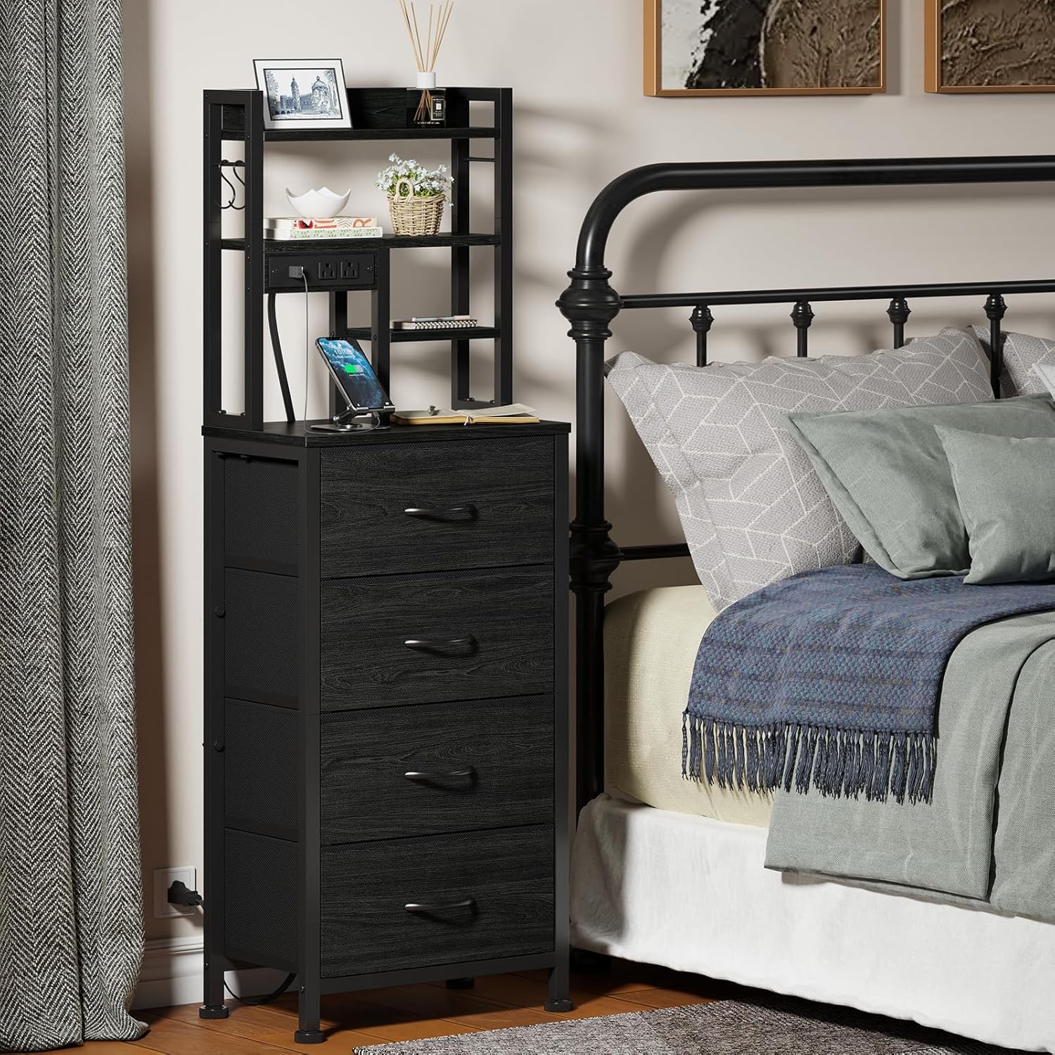 Furnulem Nightstands Set of 2, Tall Night Stand with Charger Station and USB Ports, 4 Fabric Drawers and Led Lights, Bed Side Table for Bedroom/Dorm/Office, Black Oak