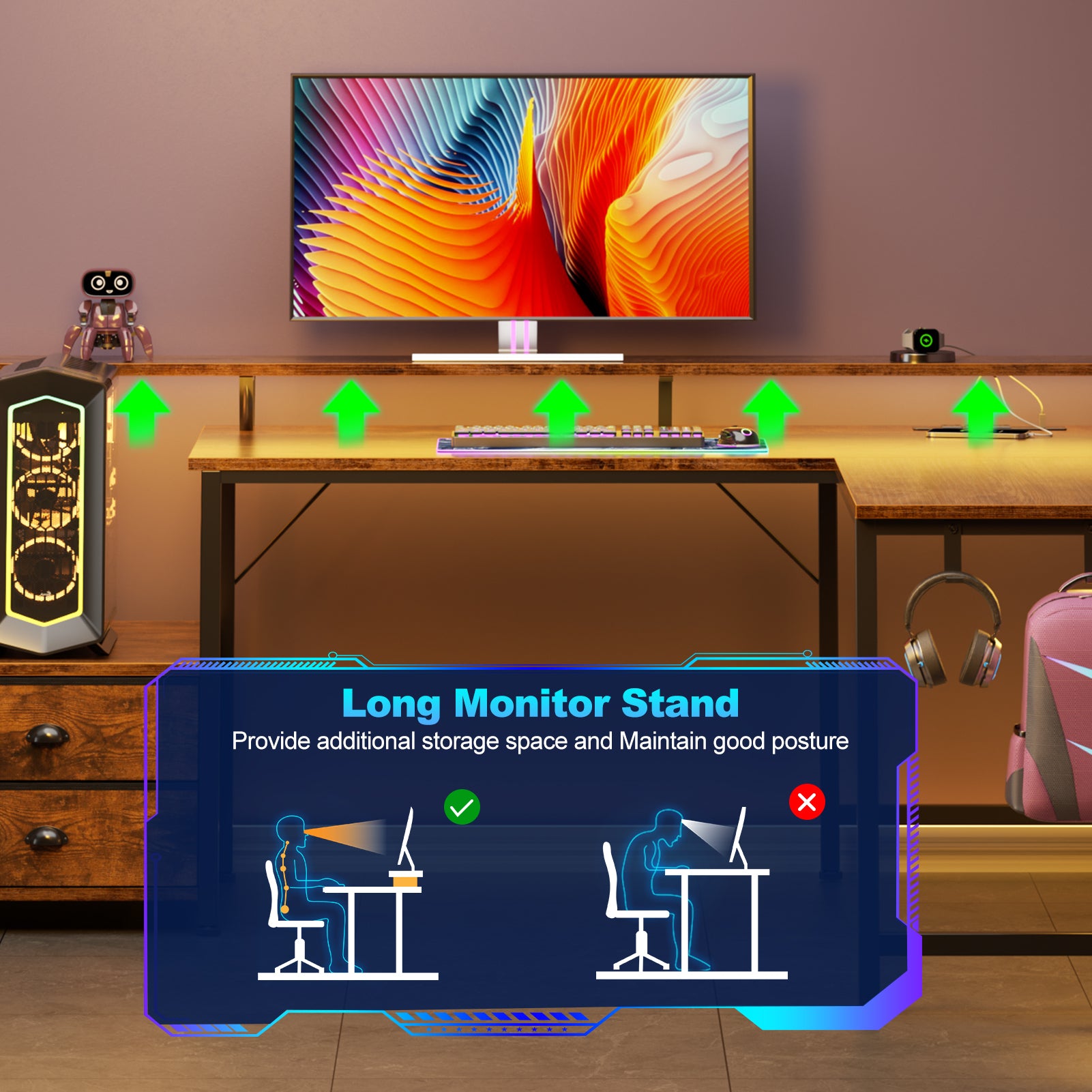 Qwatto 66 Inch Brown L Shaped Computer Desk with Charging Station Reversible Gaming Desk LED Lights 2 Drawers Monitor Stand Storage Home Office