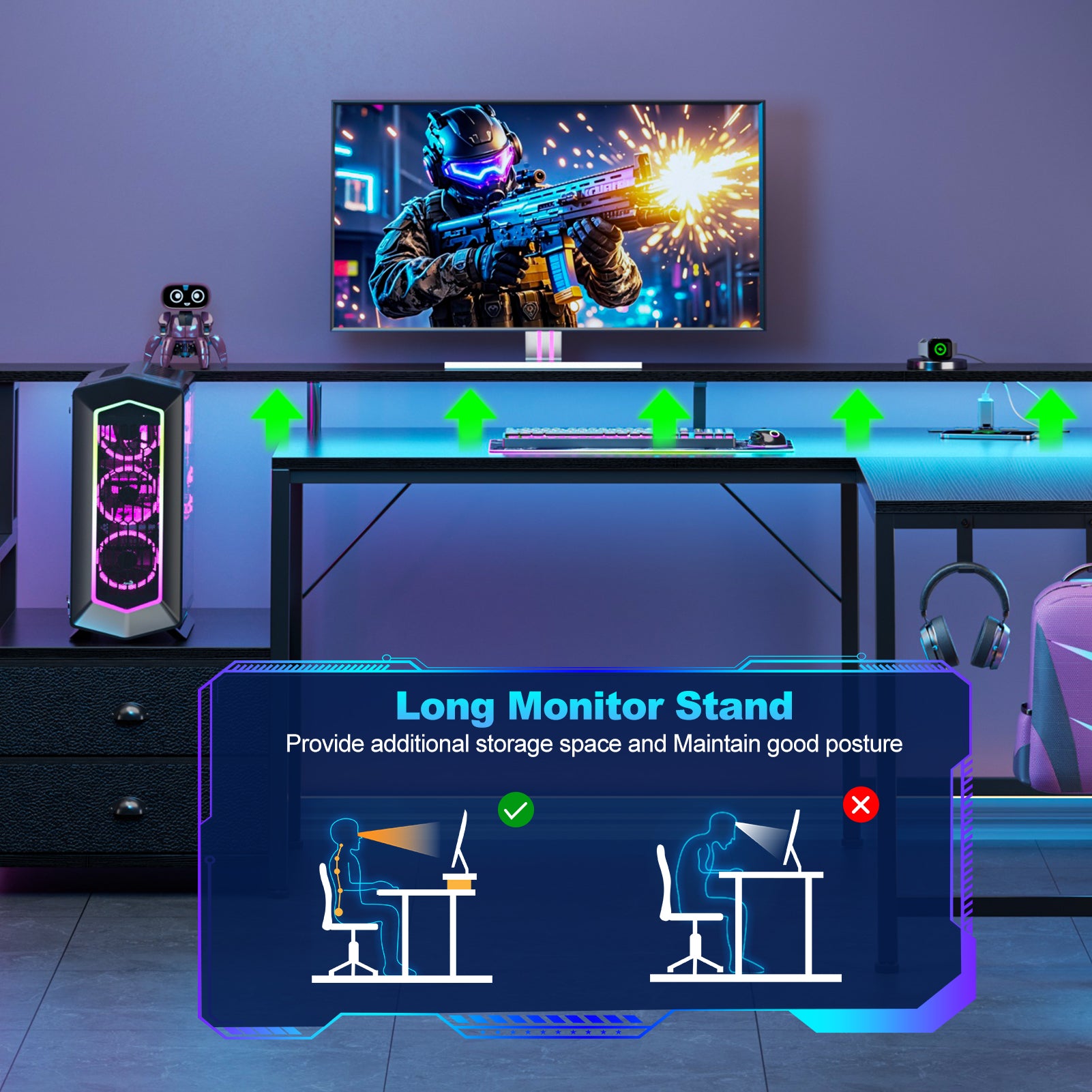 Qwatto 66 Inch Black L Shaped Computer Desk with Charging Station Reversible Gaming Desk LED Lights 2 Drawers Monitor Stand Storage Home Office