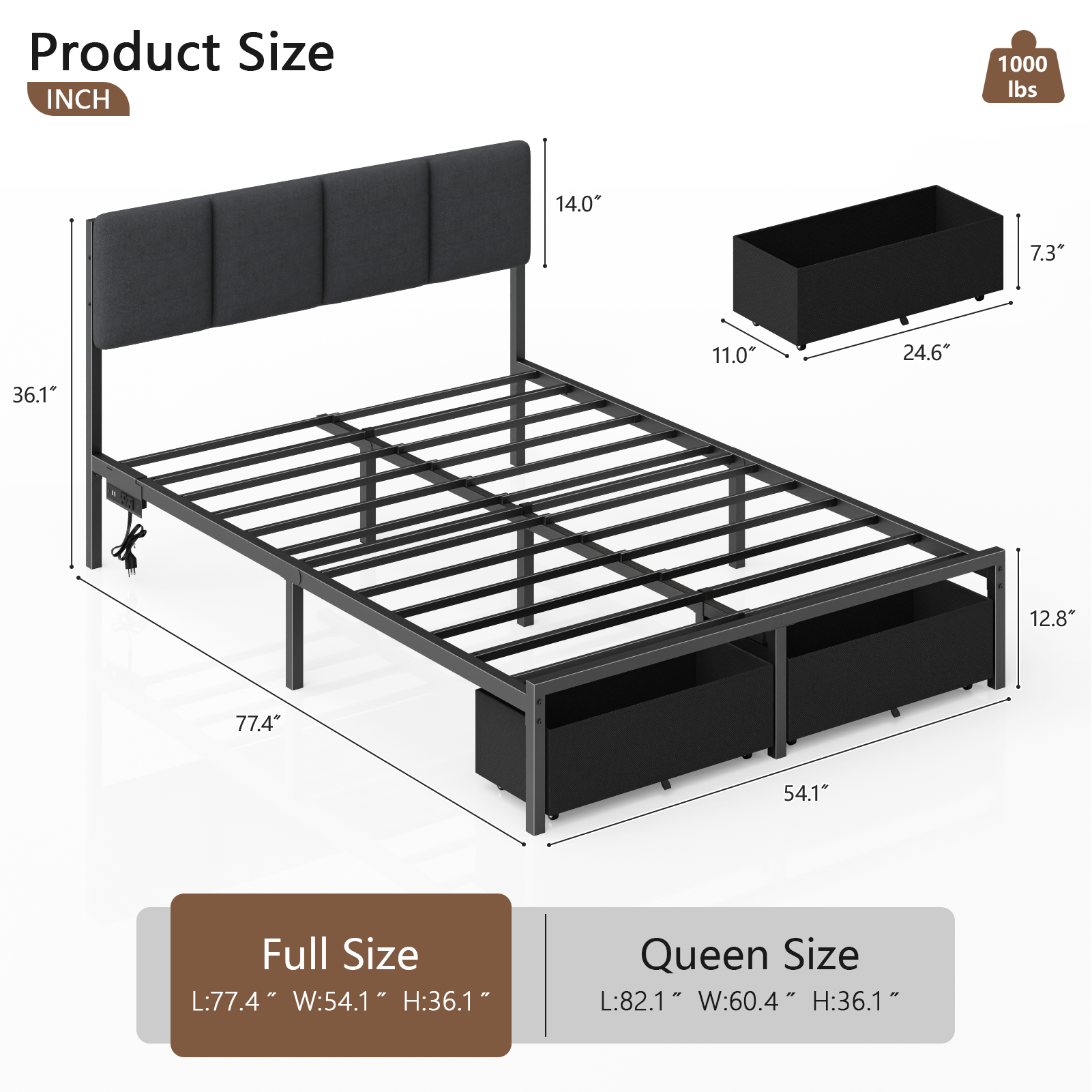 Qwatto Full Size Storage Bed Frame with 2 Drawers Charging Station LED Lights Upholstered Headboard Platform Bed No Box Spring Needed Bedroom