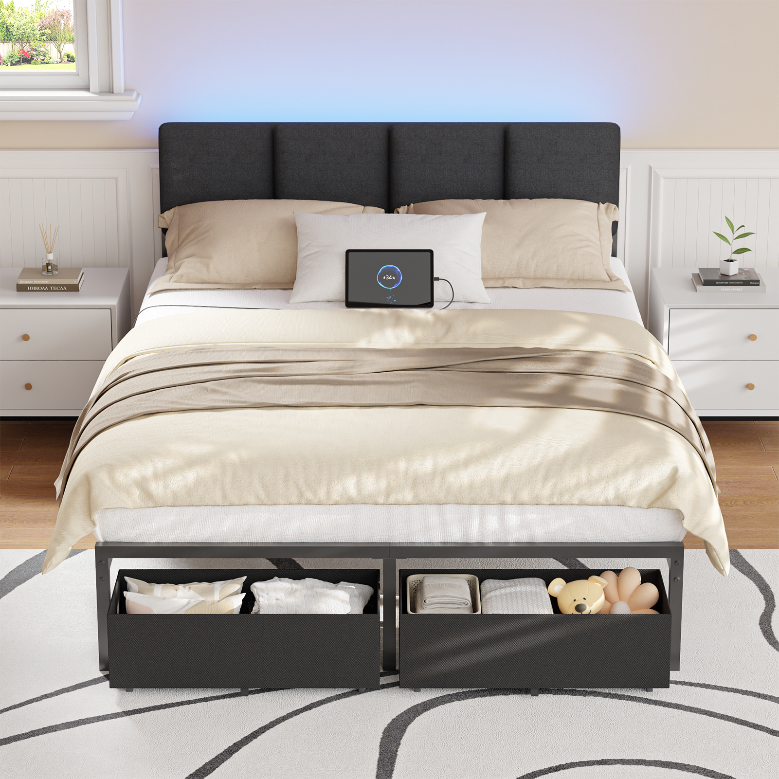 Qwatto Upholstered Full Bed Frame with LED Lights Charging Station 2 Storage Drawers Platform Bed No Box Spring Needed Modern Bedroom Furniture