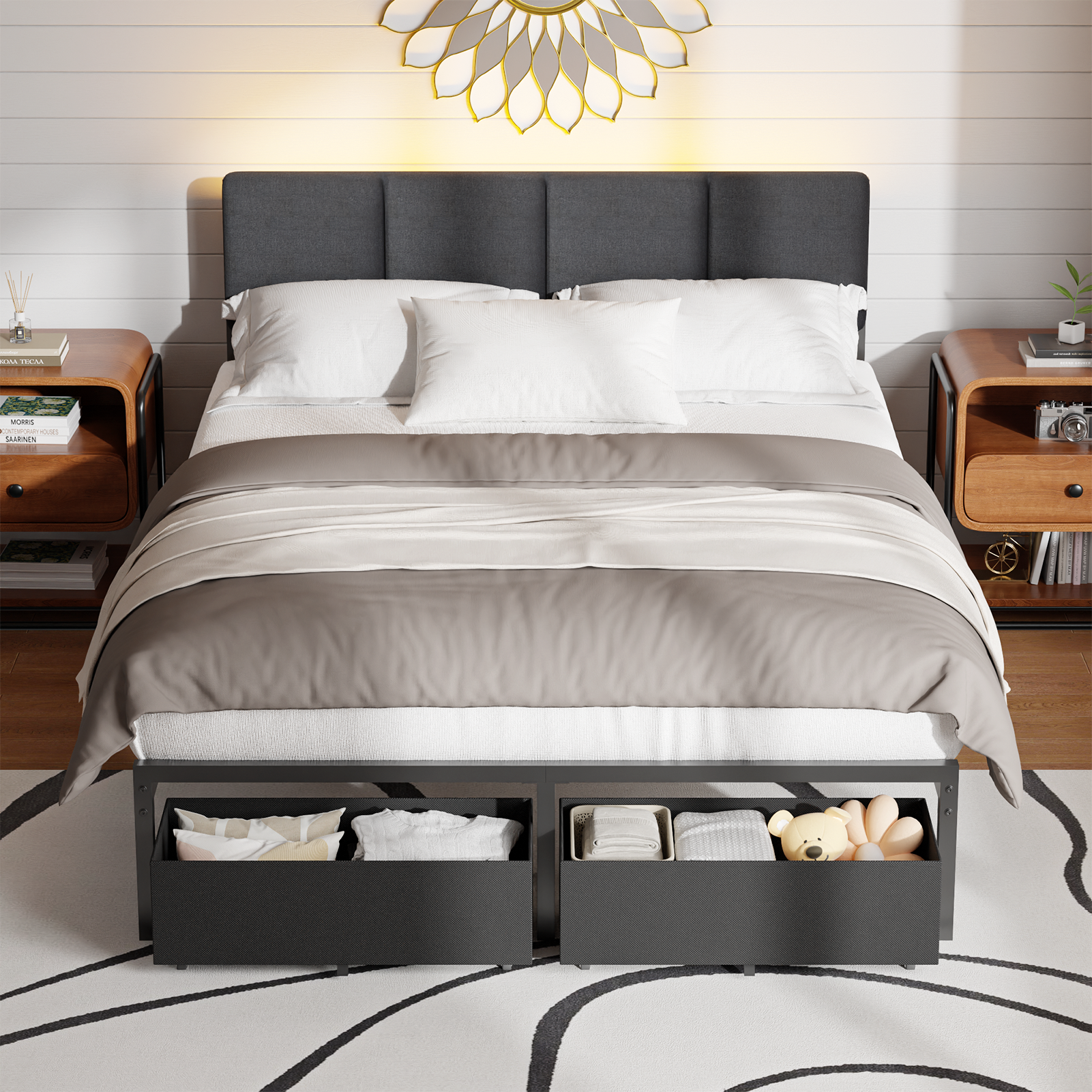 Qwatto Full Size Storage Bed Frame with 2 Drawers Charging Station LED Lights Upholstered Headboard Platform Bed No Box Spring Needed Bedroom