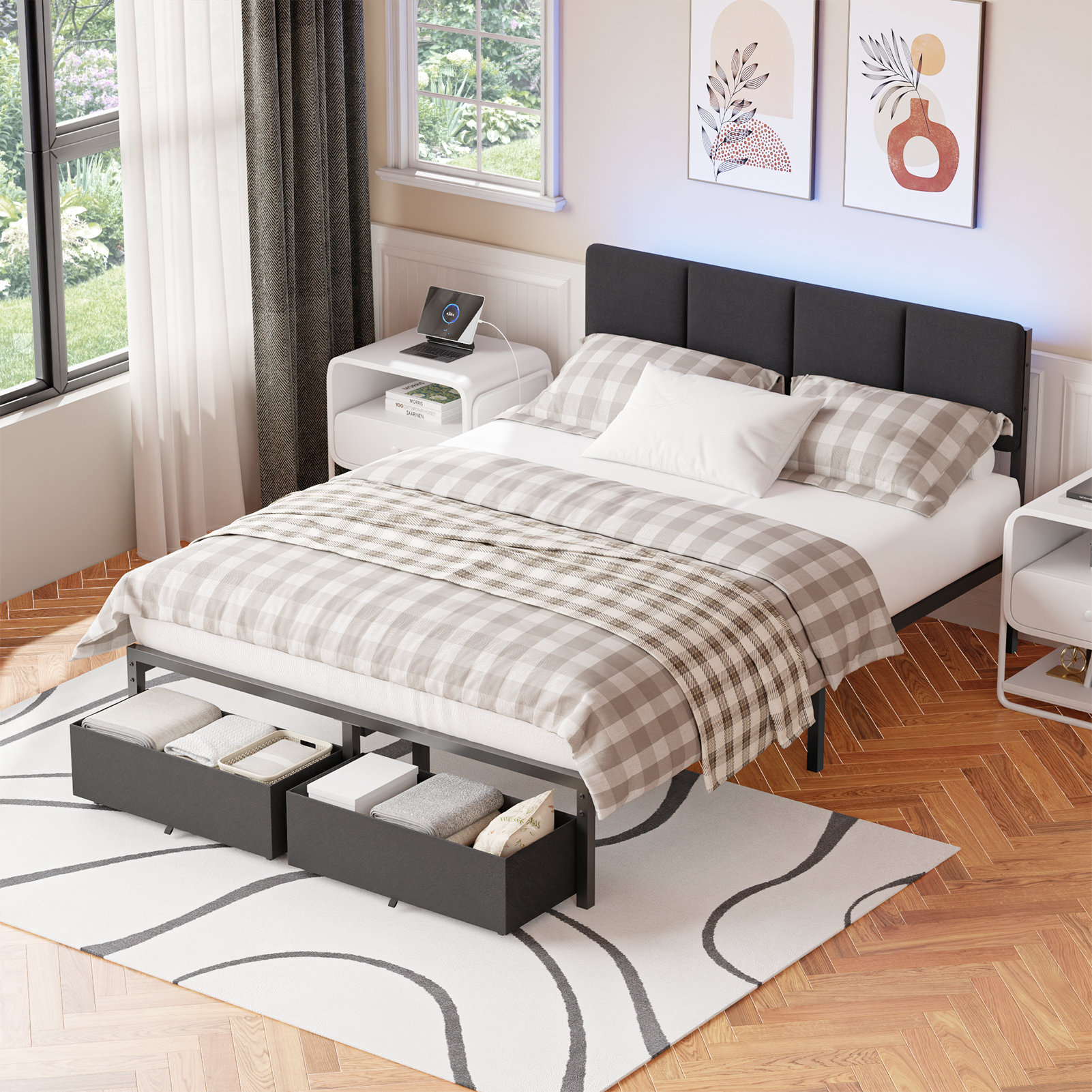 Qwatto Upholstered Full Bed Frame with LED Lights Charging Station 2 Storage Drawers Platform Bed No Box Spring Needed Modern Bedroom Furniture