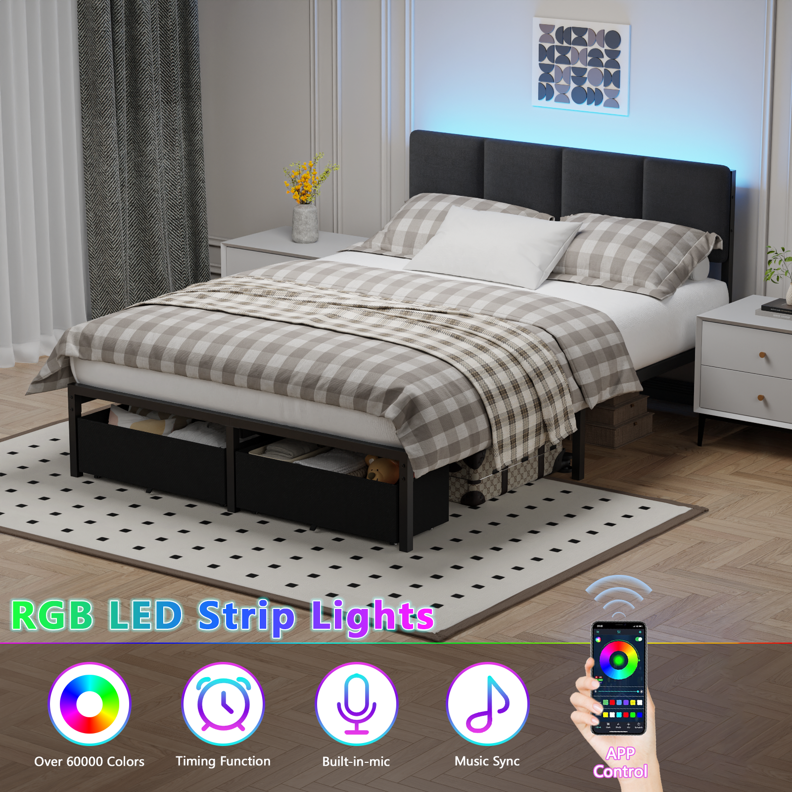 Qwatto Full Size Storage Bed Frame with 2 Drawers Charging Station LED Lights Upholstered Headboard Platform Bed No Box Spring Needed Bedroom