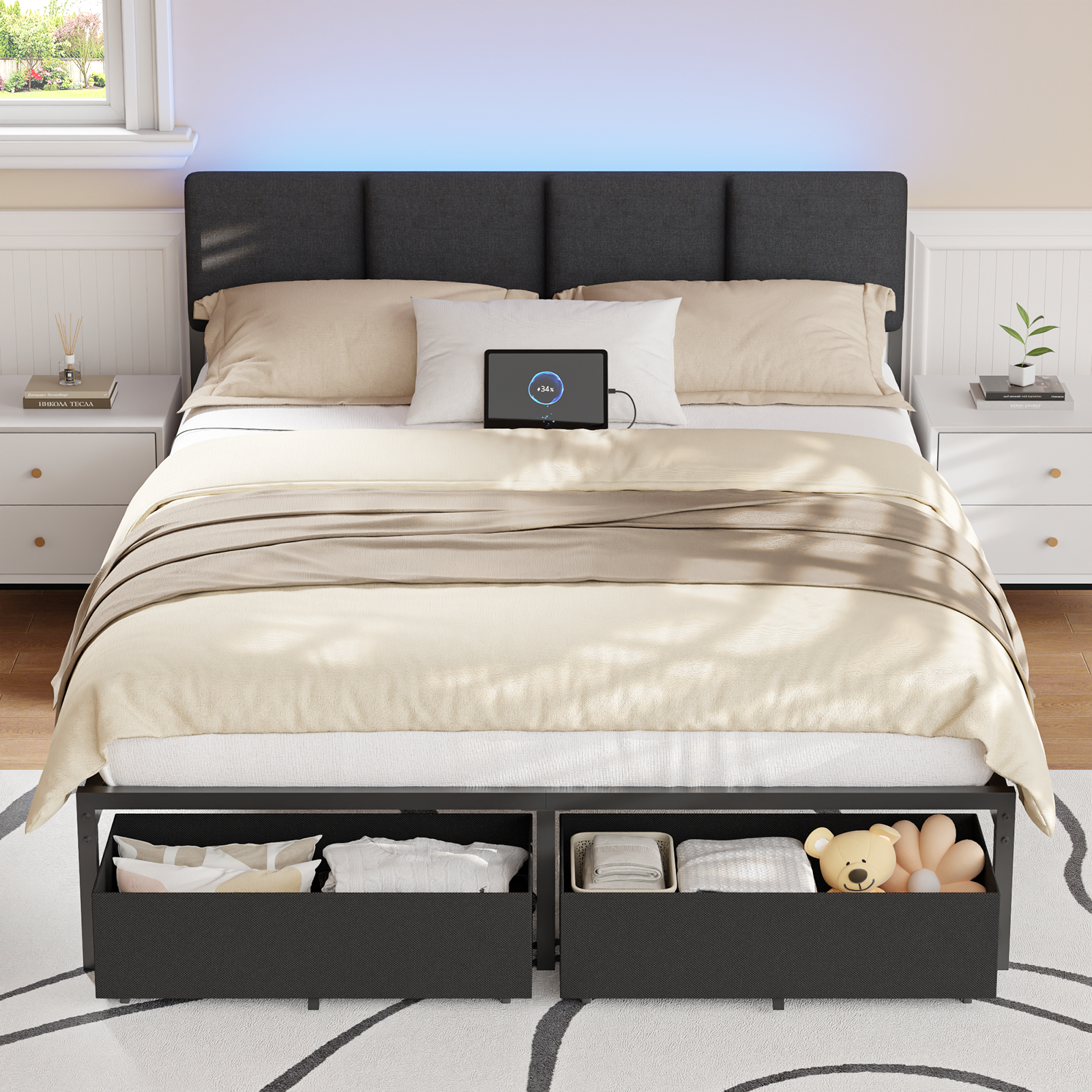 Modern Queen Bed Frame with Adjustable Headboard 2 Storage Drawers LED Lights Charging Station Grey Upholstered Platform Metal No Box Spring Needed