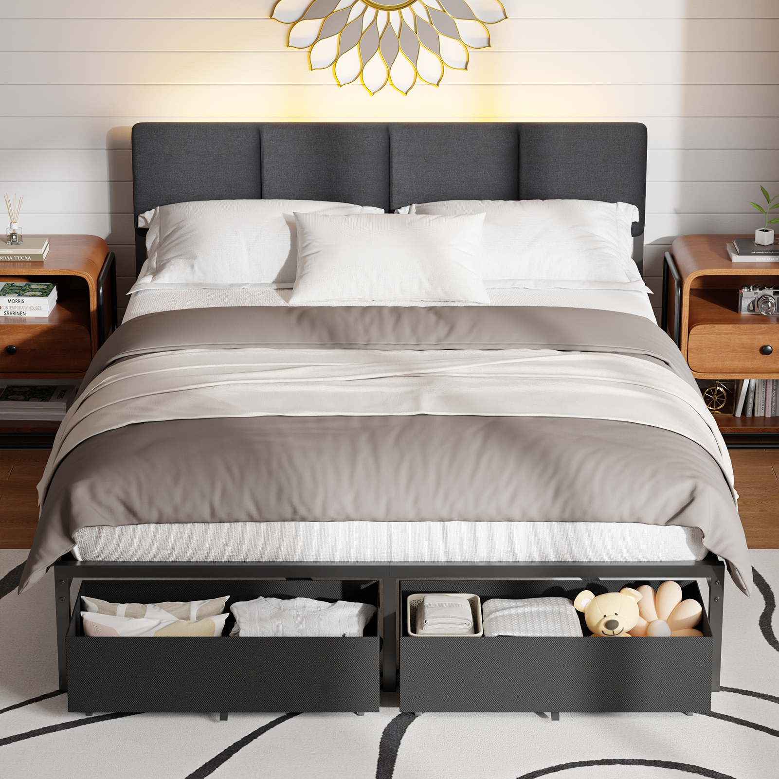 Modern Queen Bed Frame with Adjustable Headboard 2 Storage Drawers LED Lights Charging Station Grey Upholstered Platform Metal No Box Spring Needed