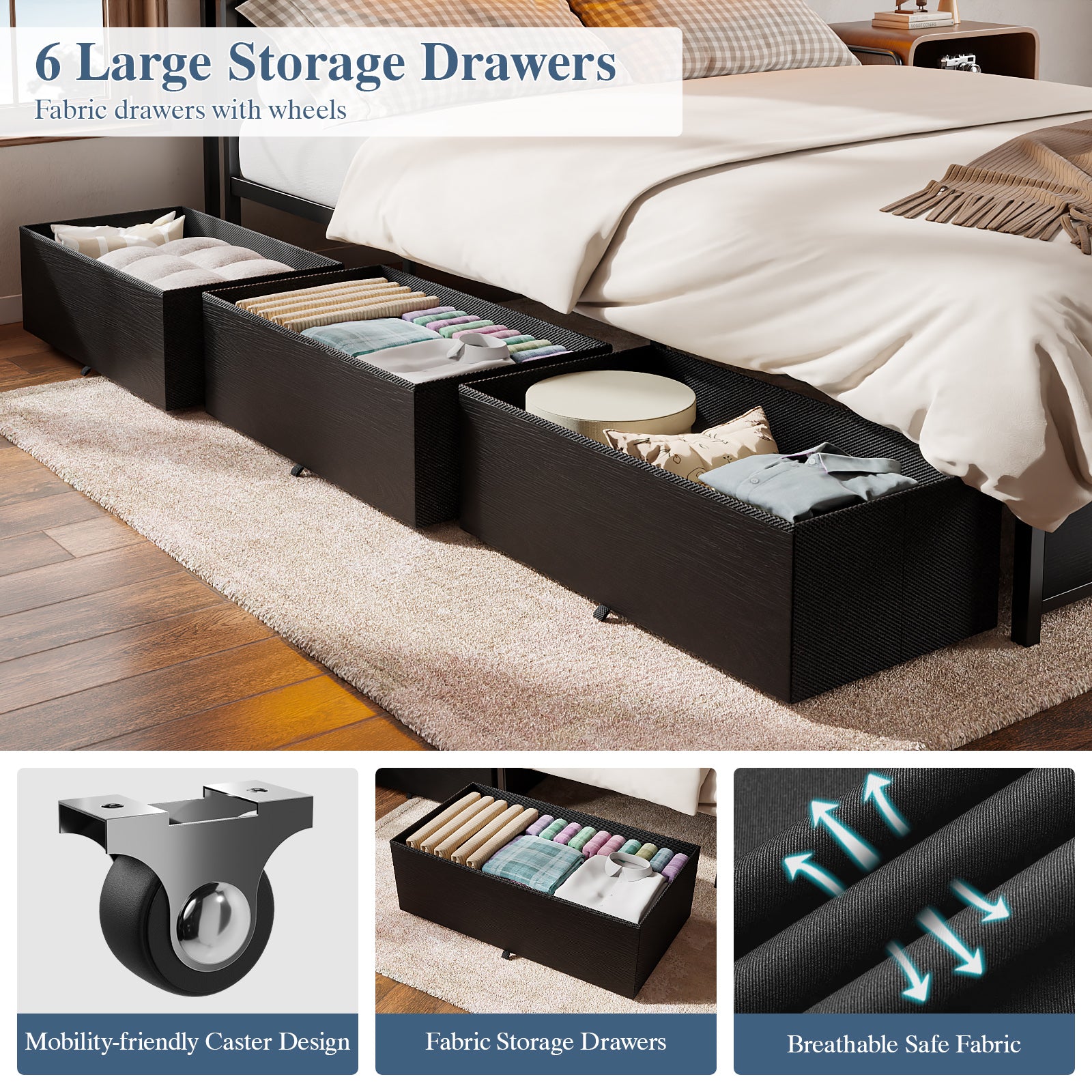 Qwatto Full Size Bed Frame 6 Drawers Storage Headboard LED Lights Charging Station Metal Platform Bedframe Black No Box Spring Needed Noise Free USB