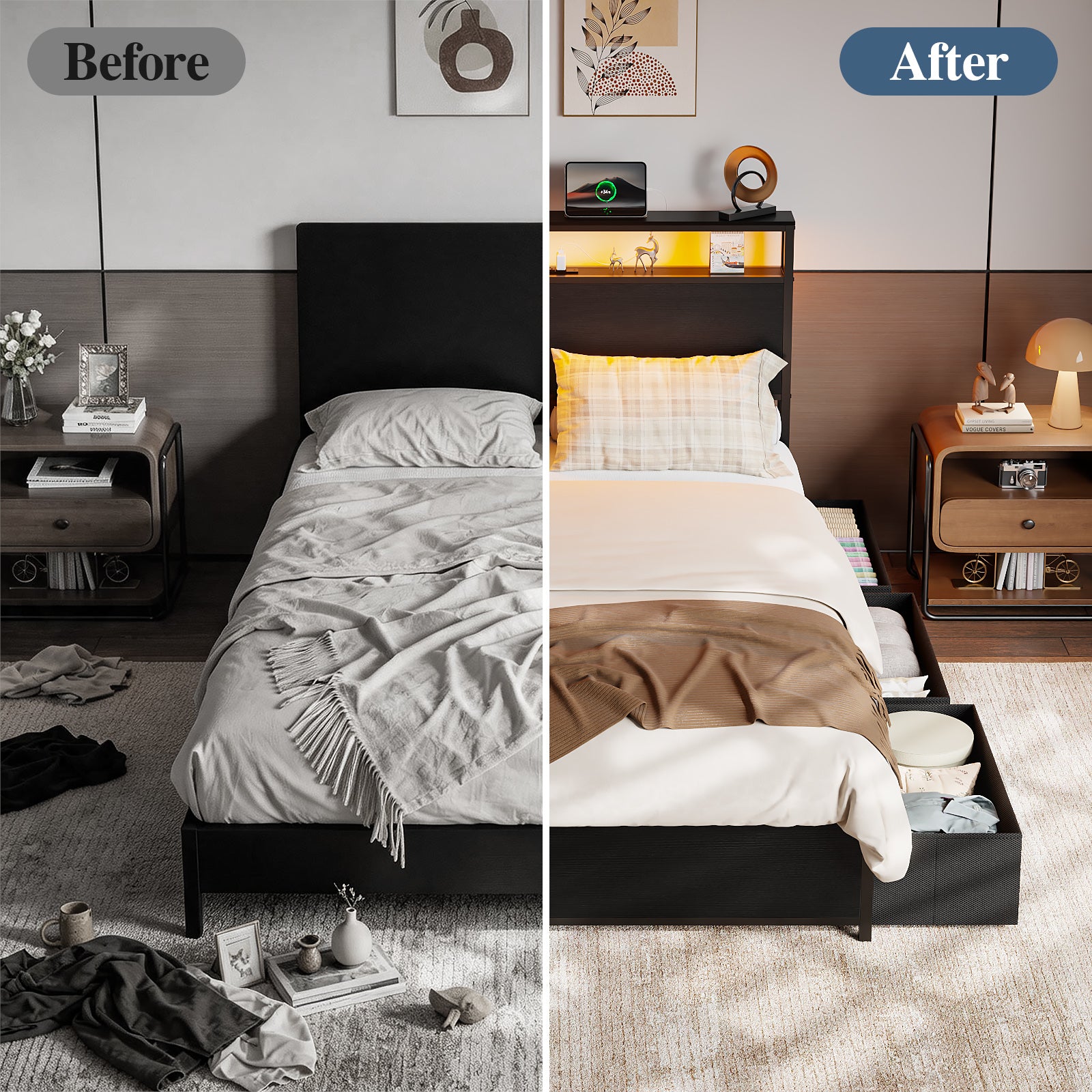 Qwatto Full Size Bed Frame 6 Drawers Storage Headboard LED Lights Charging Station Metal Platform Bedframe Black No Box Spring Needed Noise Free USB