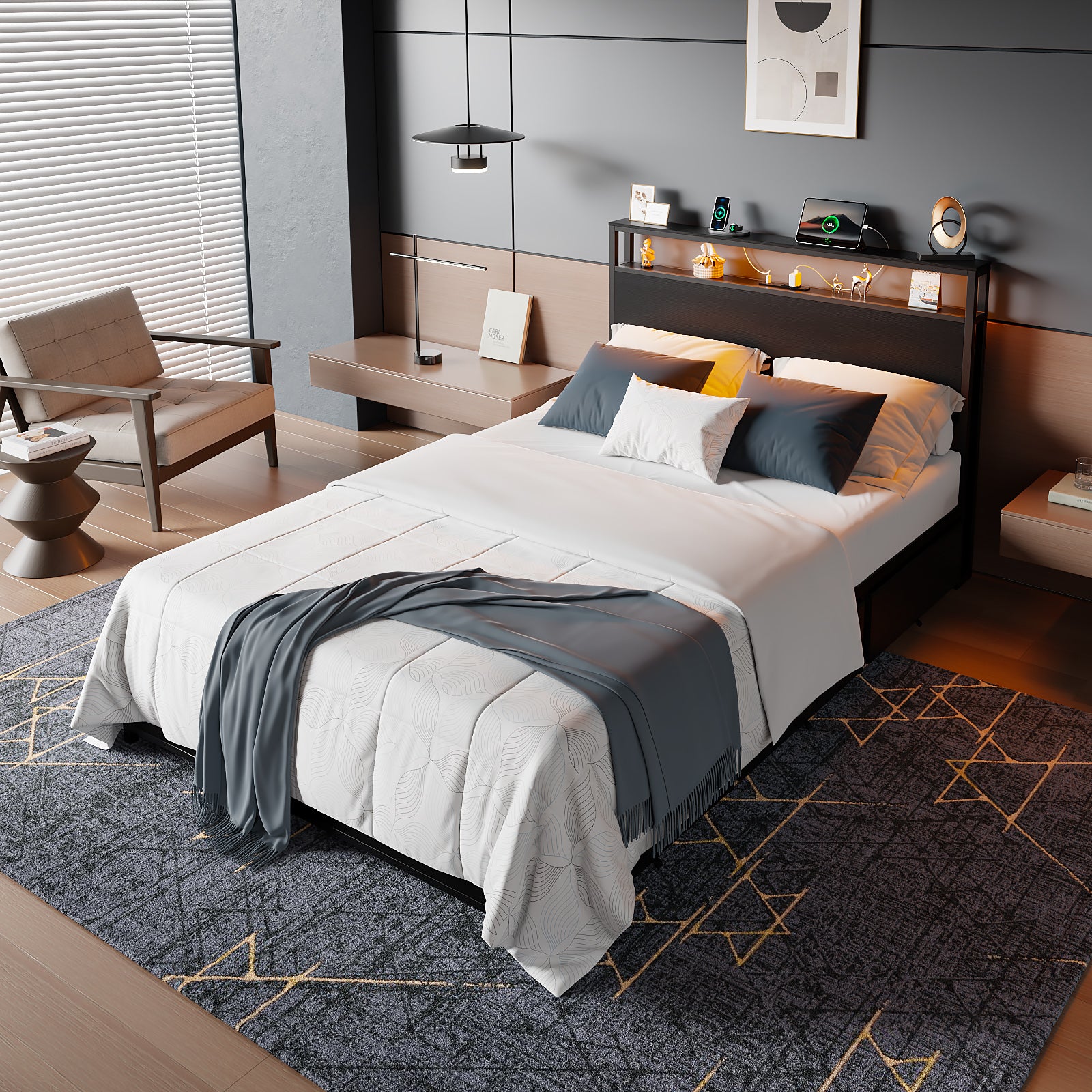 Qwatto Full Size Bed Frame 6 Drawers Storage Headboard LED Lights Charging Station Metal Platform Bedframe Black No Box Spring Needed Noise Free USB