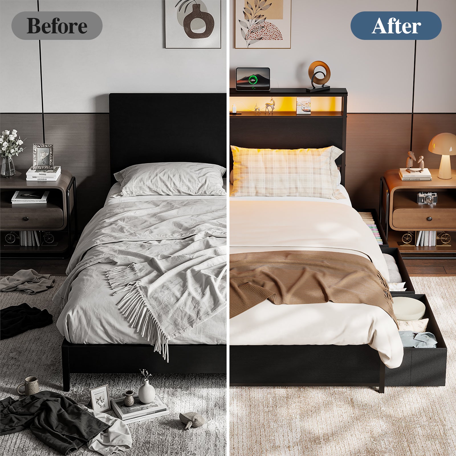 Qwatto Queen Bed Frame 6 Drawers Storage Headboard LED Lights Charging Station Metal Platform Bed Black No Box Spring Needed Noise Free 2 Tier USB Shelf