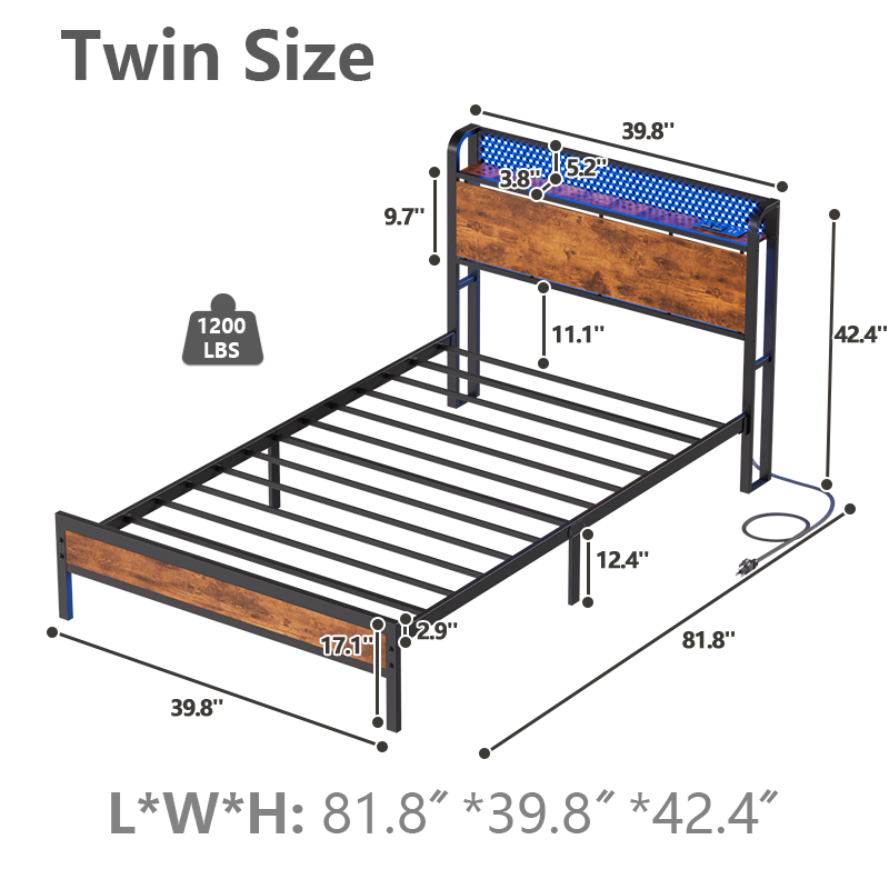 Twin Size Platform Bed Frame Storage Headboard LED Lights Charging Station Industrial Metal Wood Heavy Duty No Box Spring Needed Kids Dorm USB