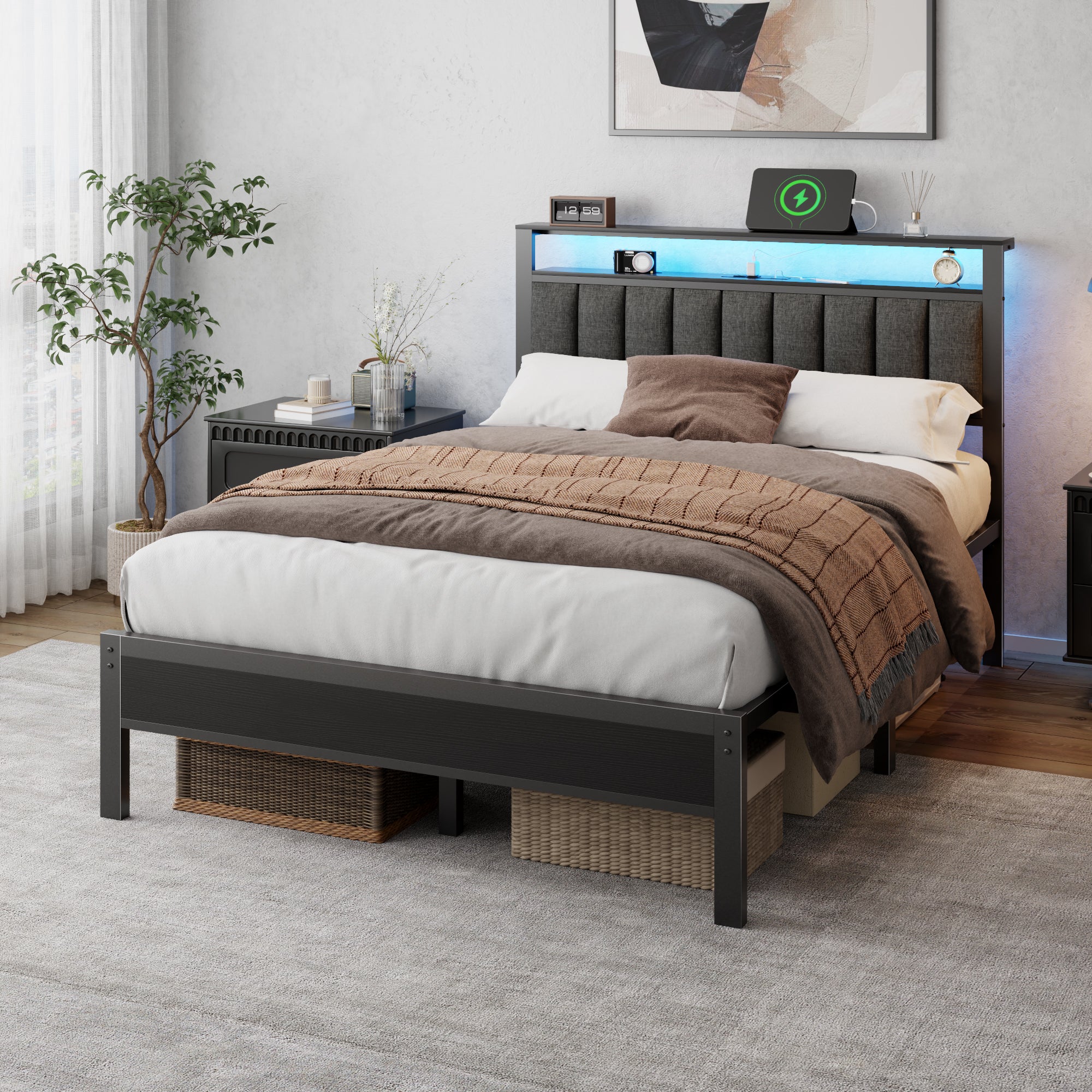 Full Size Bed Frame with LED Lights Charging Station Storage Headboard 2 Tier Shelves Gray Upholstered Platform Bed No Box Spring Needed USB