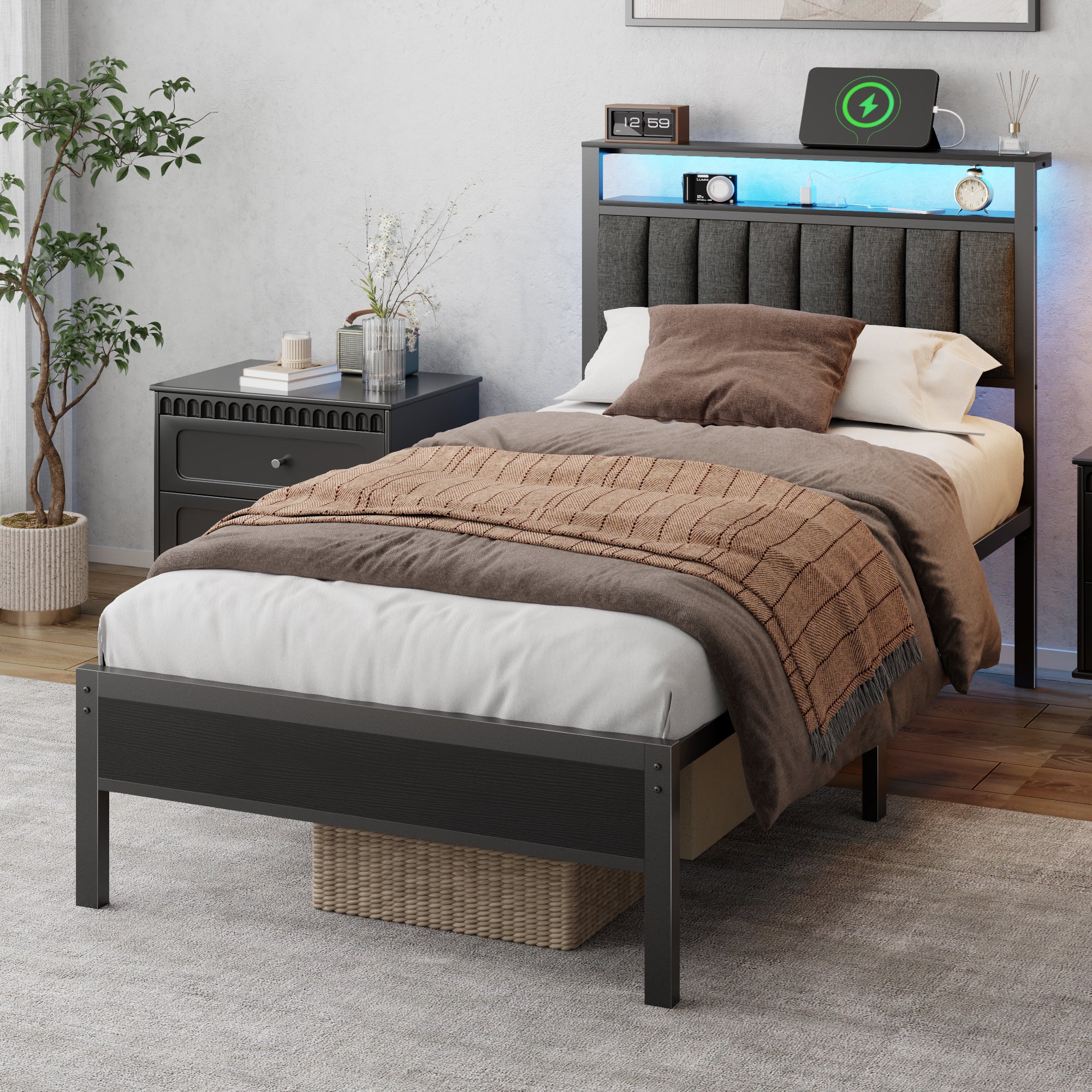 Furnulem Twin size bed frame with charging station and LED light gray upholstered headboard two-tier storage shelves No Box Spring Needed  Black