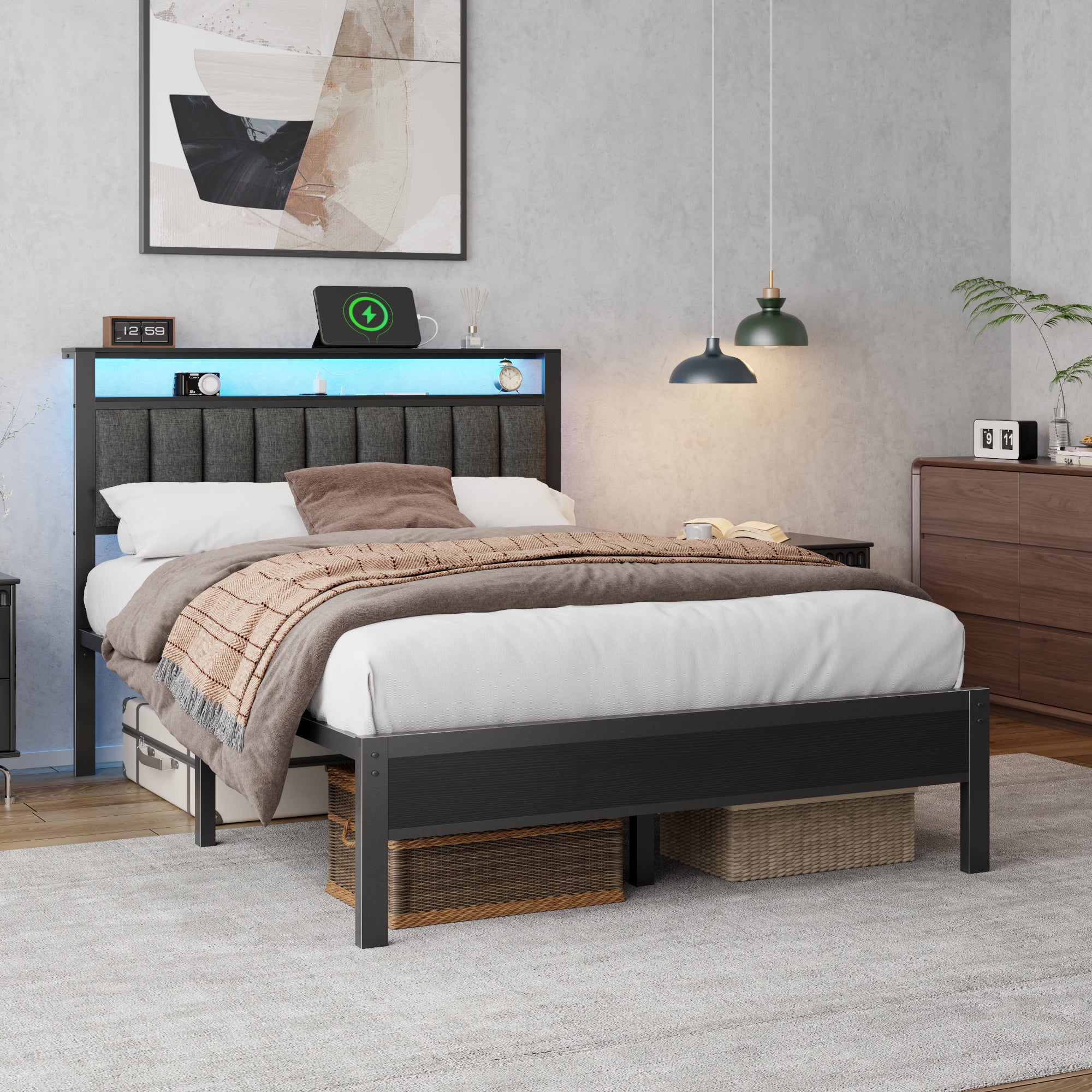 Full Size Platform Bed Frame LED Lights Charging Station Gray Upholstered Headboard Storage Shelves Modern Bedroom Furniture Kids Teens USB