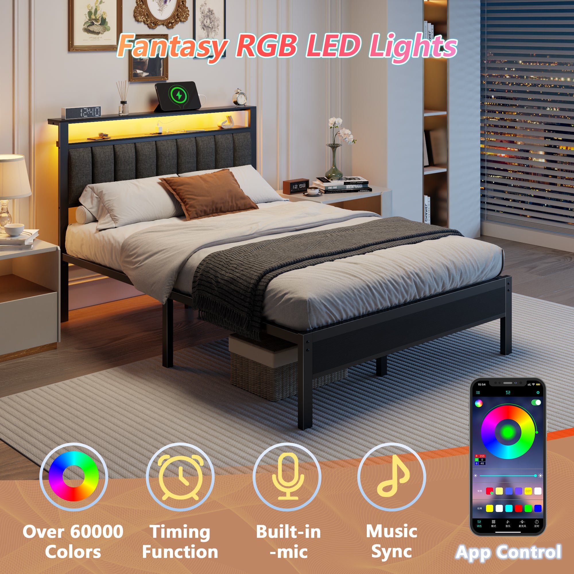 Grey Full Bed Frame with LED Lights Charging Station Storage Bookcase Headboard Upholstered Platform Bed Metal Slats No Box Spring Needed