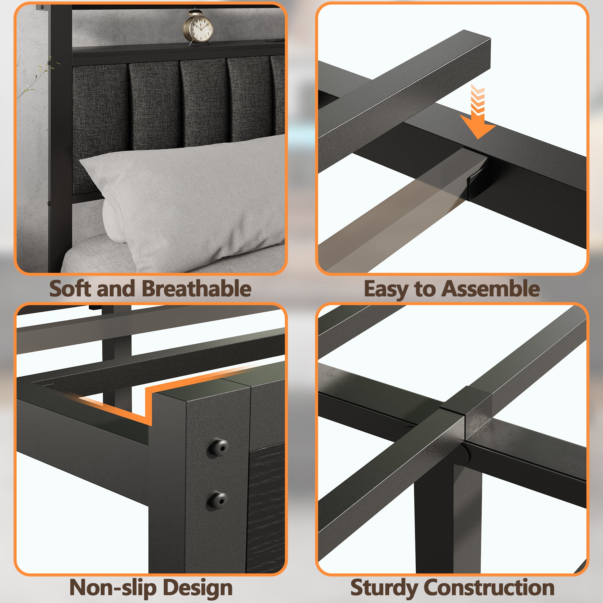 Queen Size bed frame with charging station and LED light gray upholstered headboard two-tier storage shelves no spring mattress required