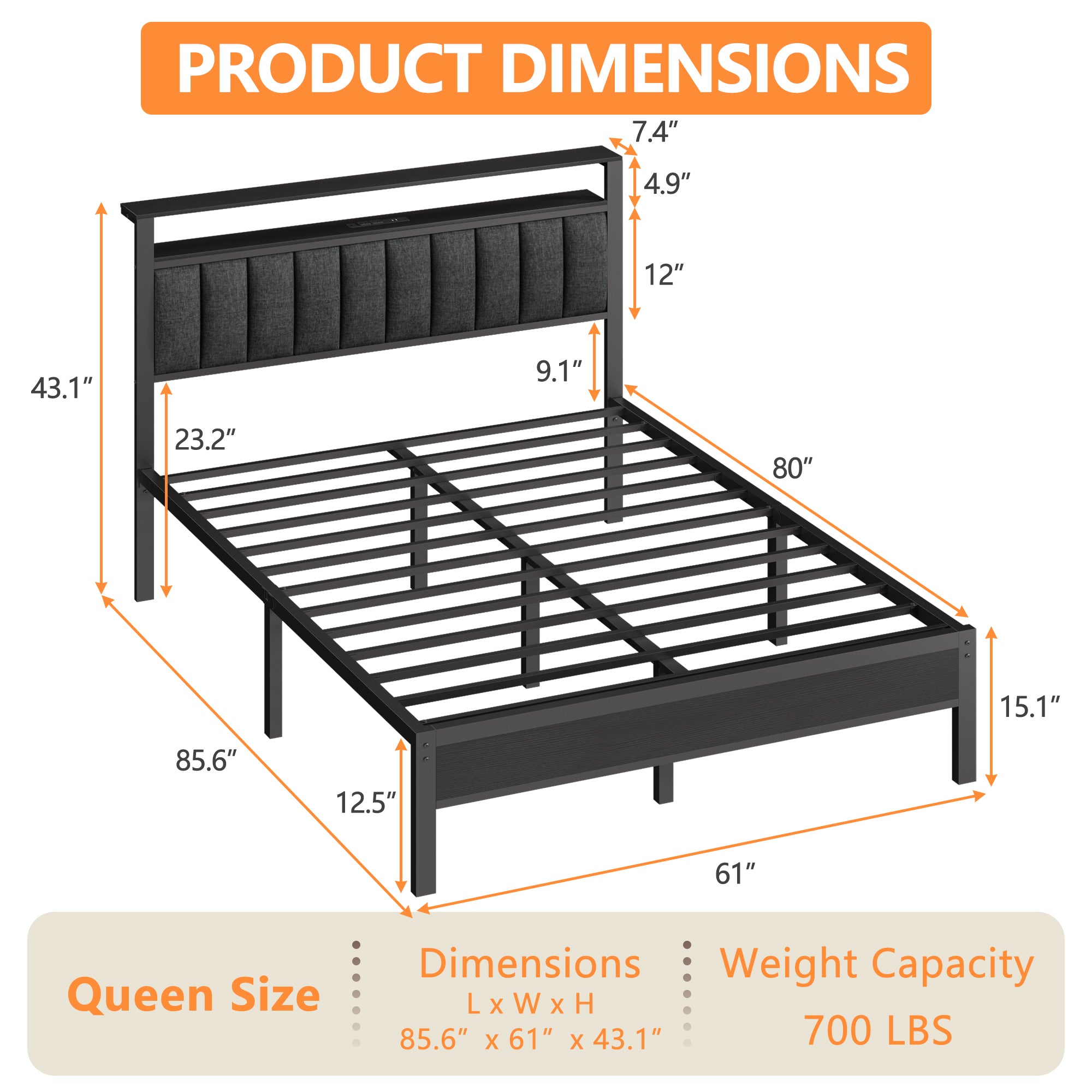 Queen Size Platform Bed Frame with Charging Station LED Lights Storage Headboard Grey Upholstered Metal Slats Support No Box Spring Needed